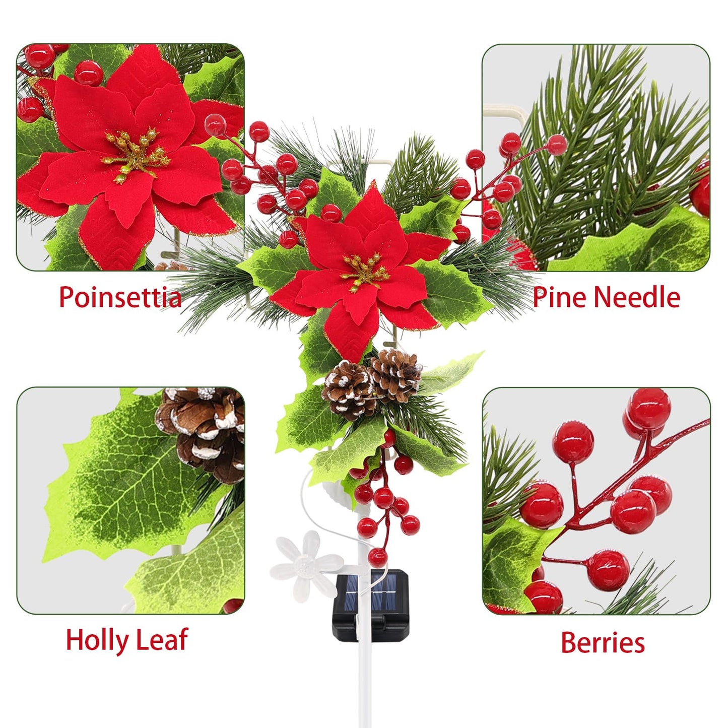 2 Pack Solar Christmas Decorations Outdoor, 32 Inch Solar Christmas Cross Stake Lights, Waterproof Grave Decorations with Poinsettia Flower Pinecones Red Berries for Garden Yard Patio Lawn Cemetery
