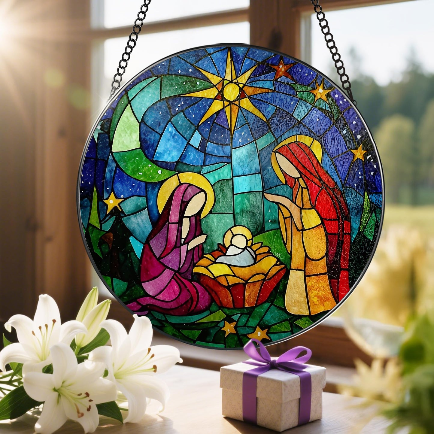 LAOWEIKI 8'' Stained Glass Window Hanging, Nativity Scene Ornament, Religious Ornament, Sun Catcher Window Decor, Christian Holiday Decor, Gifts for Christmas, Christian Gift, Religious Gift