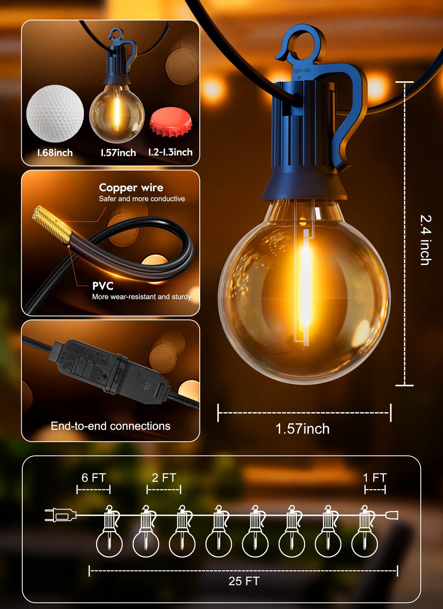 SmartDawn Outdoor String Lights, 25FT 12 LED Bulbs String Lights, IP65 Waterproof Connectable G40 Outside Patio Light for Backyard Porch Balcony Garden Decor Christmas Camping Gazebo