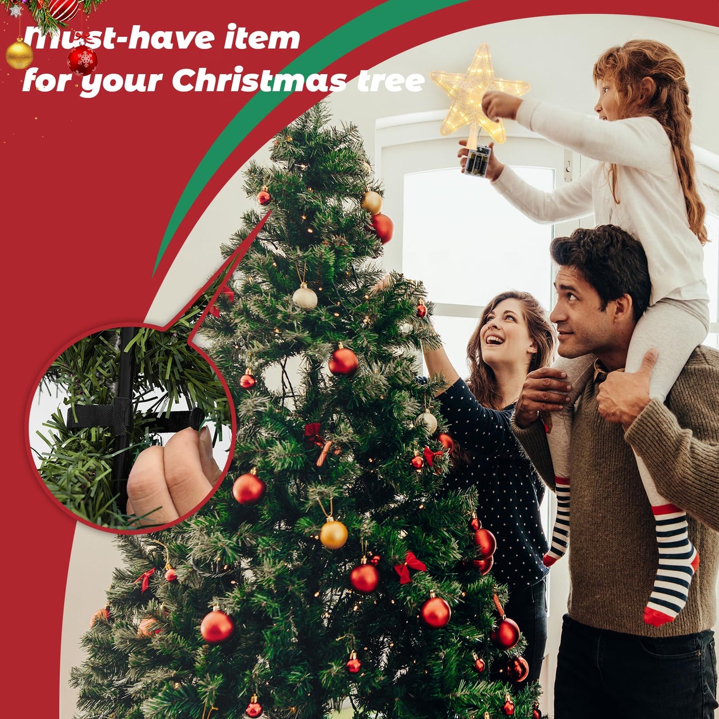 Christmas Tree Topper, Battery Powered Light up 9 Inch Star Tree Topper with Topper Stabilizer Supporter, White Xmas Star Treetop Toppers Christmas Tree Decorations Ornaments for Holiday Home Decor