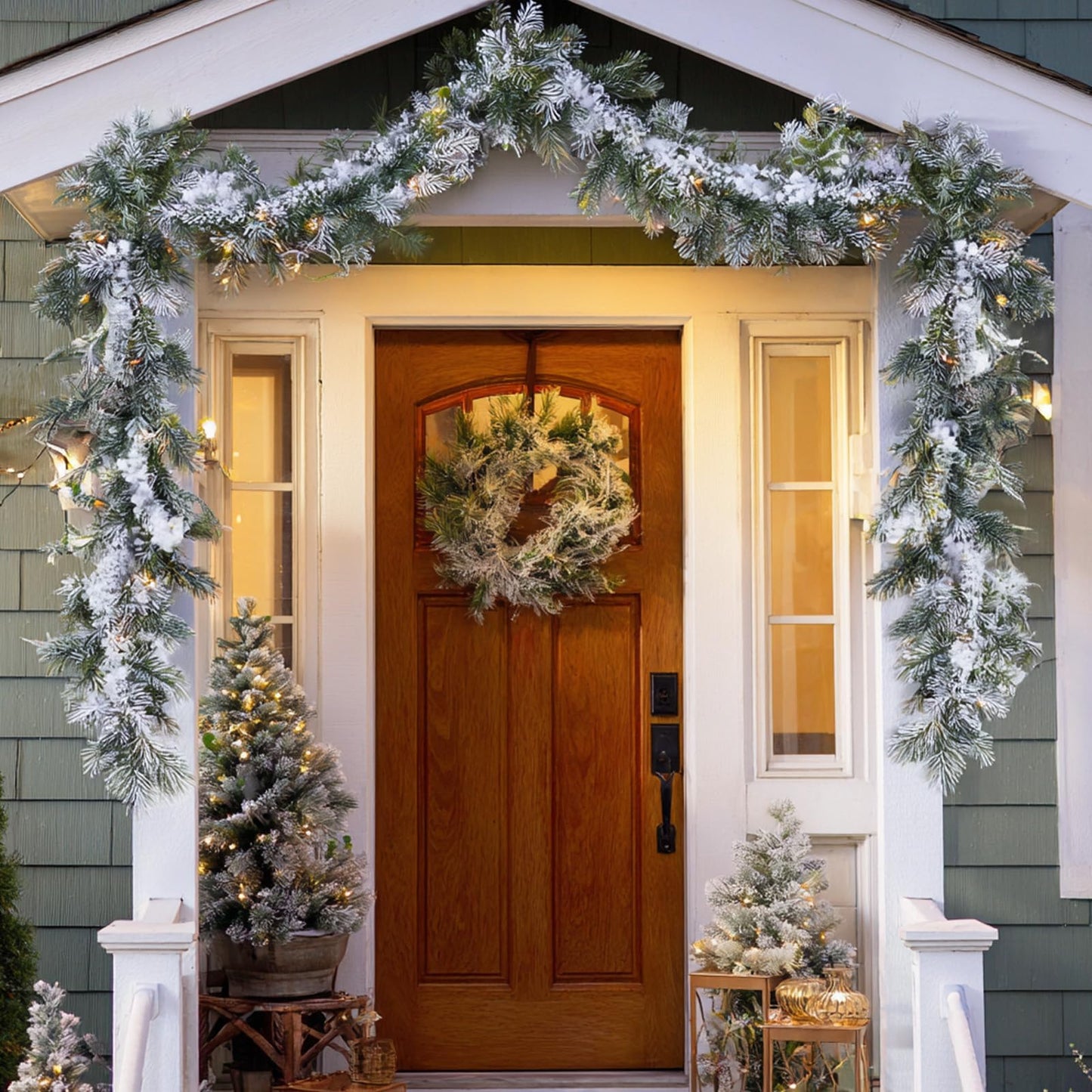 9FT Christmas Garlands Norfolk Pine Garland, Real Touch Artificial Winter Pine Garlands with Snowflake, Green Artificial Greenery Garland for Table, Wall, Mantle, Indoor, Outdoor Christmas Decorations