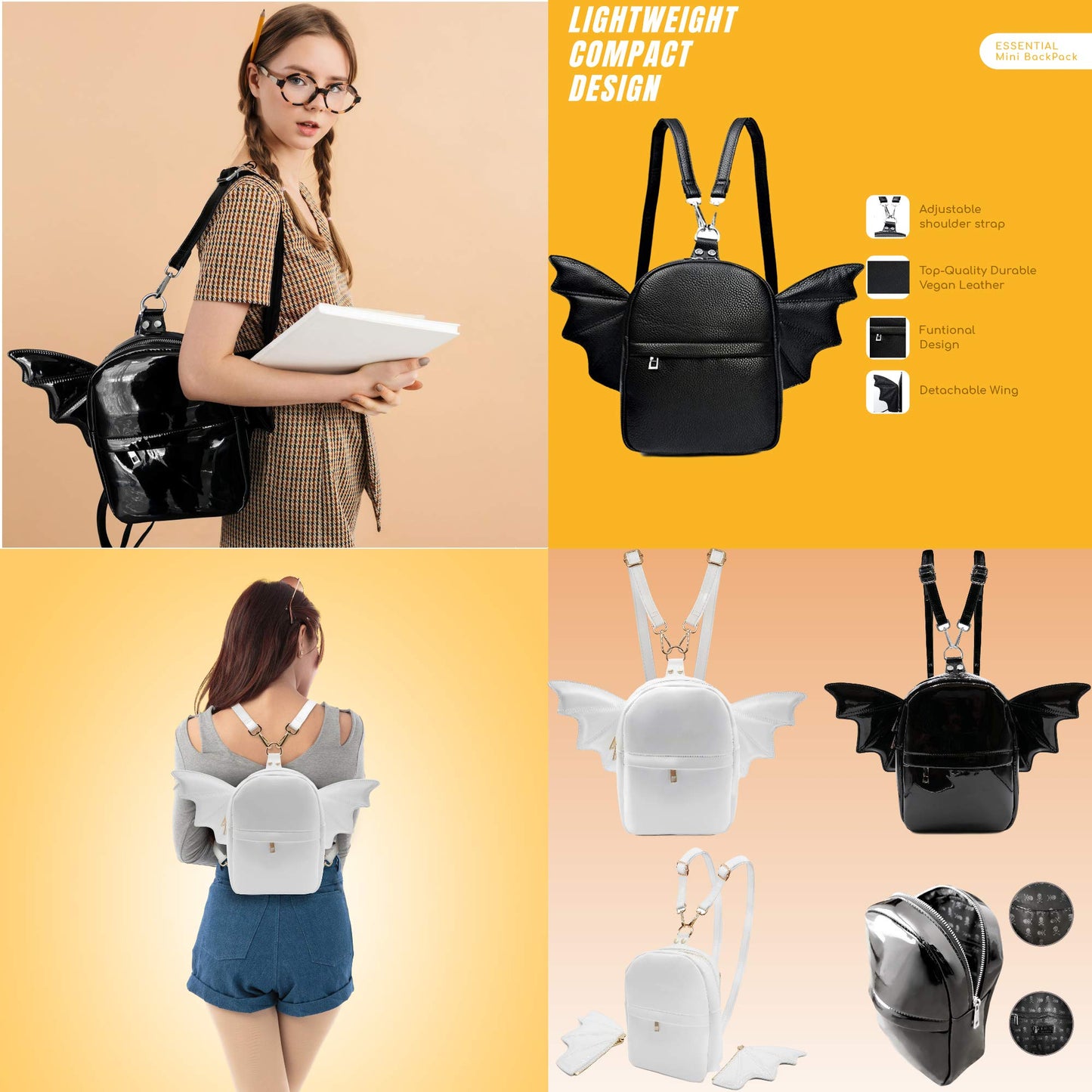 Prime Original Women Fashion Mini Backpack | Detachable Bat Angel Wing Shoulder Bag (Black Patent)