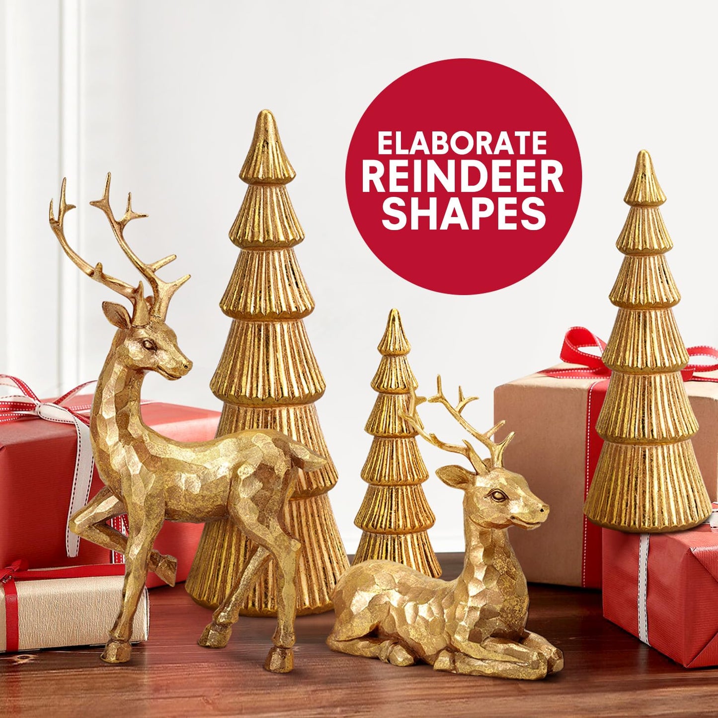 Hommtina Reindeer Christmas Decoration and Mini Trees, Lucky Reindeer Statues for Indoor Home Decor, Tabletop Mantle Cabinet Desktop Office (Rose Gold)