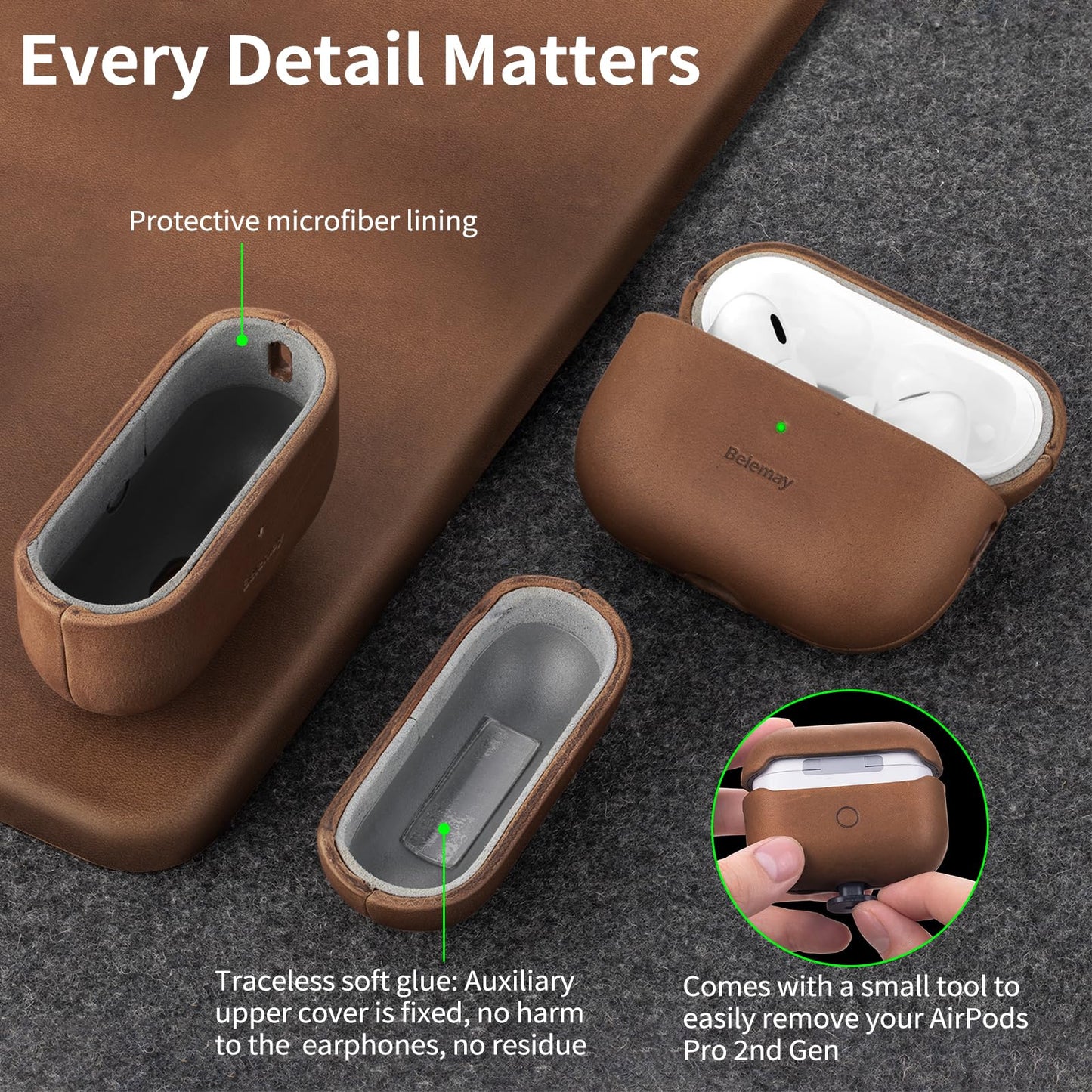 Belemay for AirPods Pro (2nd Generation) Case – Premium Crazy Horse Leather - Rich Patina- Secure Grip - Compatible with MagSafe and Wireless Charging - Compatible with Airpods Pro 2 Case - Brown