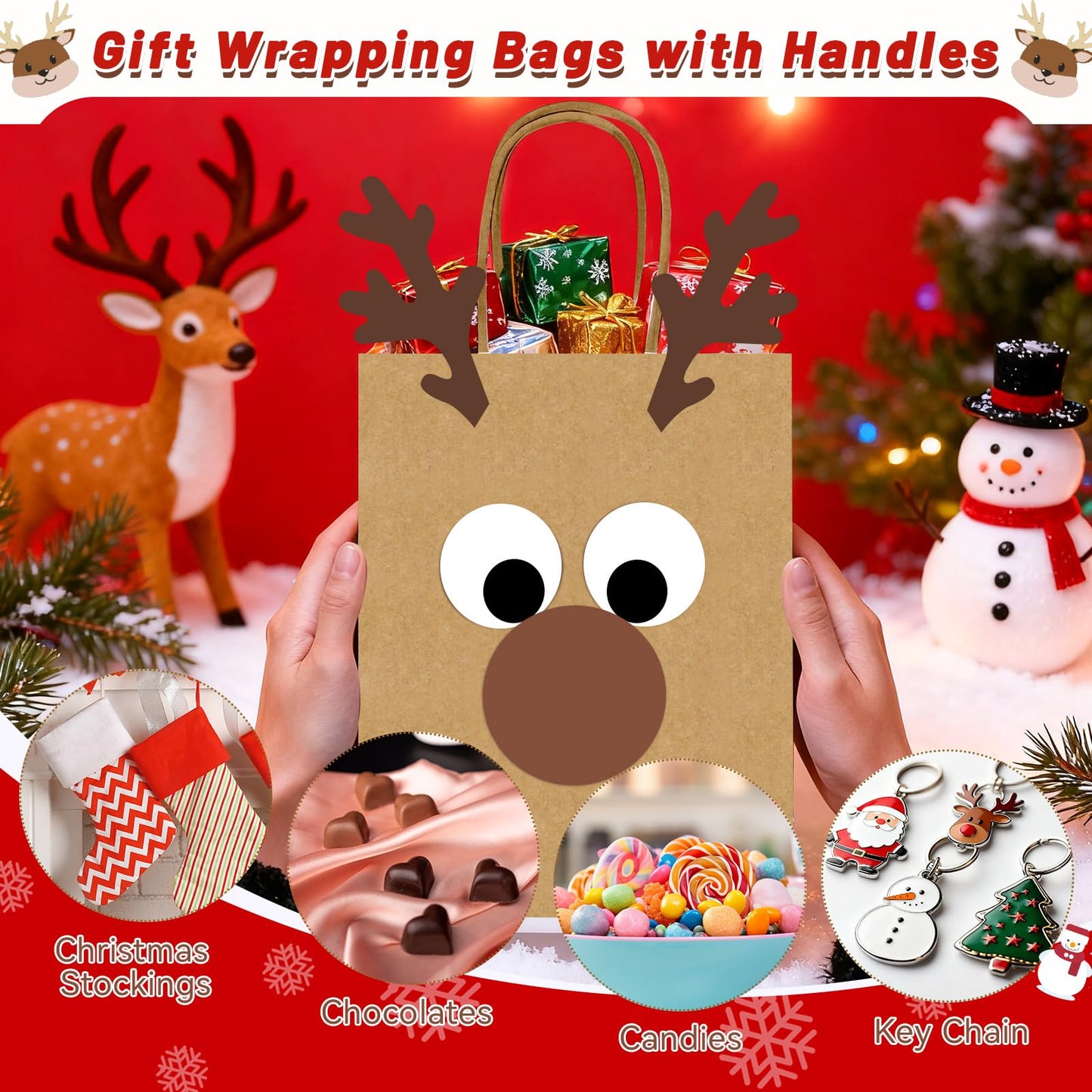 FOGWOWO 36 Pcs Reindeer Gift Bags DIY Reindeer Bags,Christmas Goodie Bags Kraft Paper Reindeer Treat Bags Party,Xmas Candy Bags Bulk with Handles Wrapping Supplies