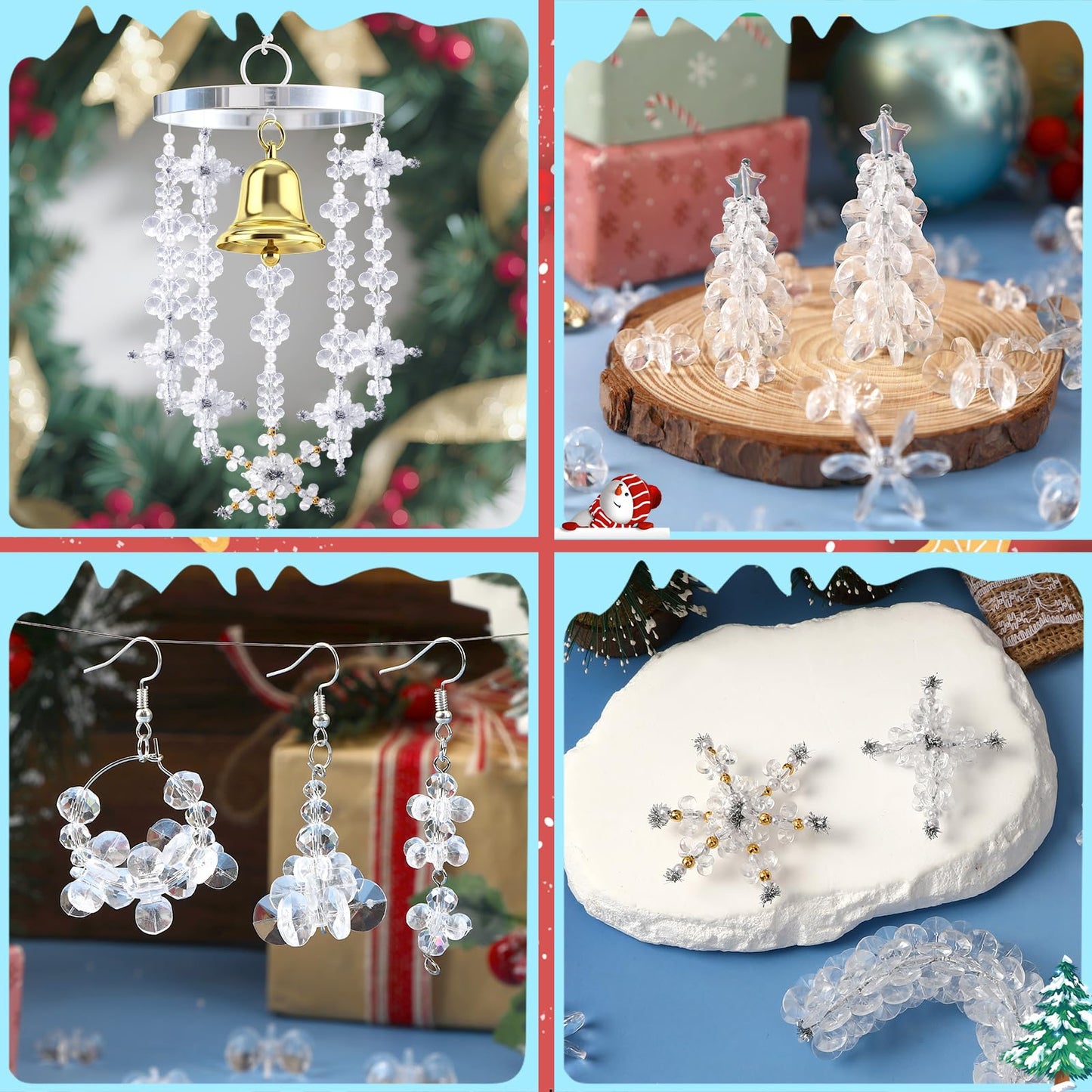 Augshy Christmas Beaded Ornament Kit, 400pcs Crystal Transparent Sunburst Beads Snowflake Clear Beads Bulk for Jewelry Making DIY Crafts Christmas Tree Wreath Candy Cane Holiday Decorations