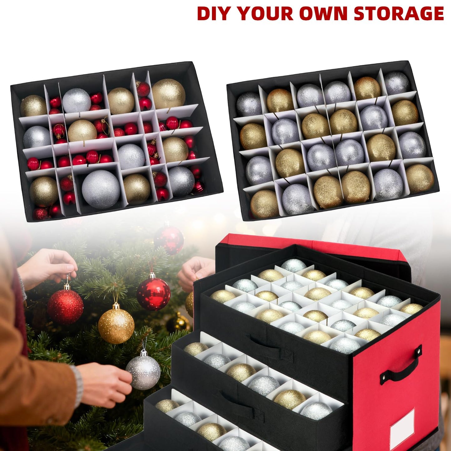JY COOKMENT Christmas Ornament Storage Box with Adjustable Dividers, Large Holiday Ornaments Storage Container Bin with Lid for Xmas Decorations (72-3" Balls, Red, With Removable Tray)
