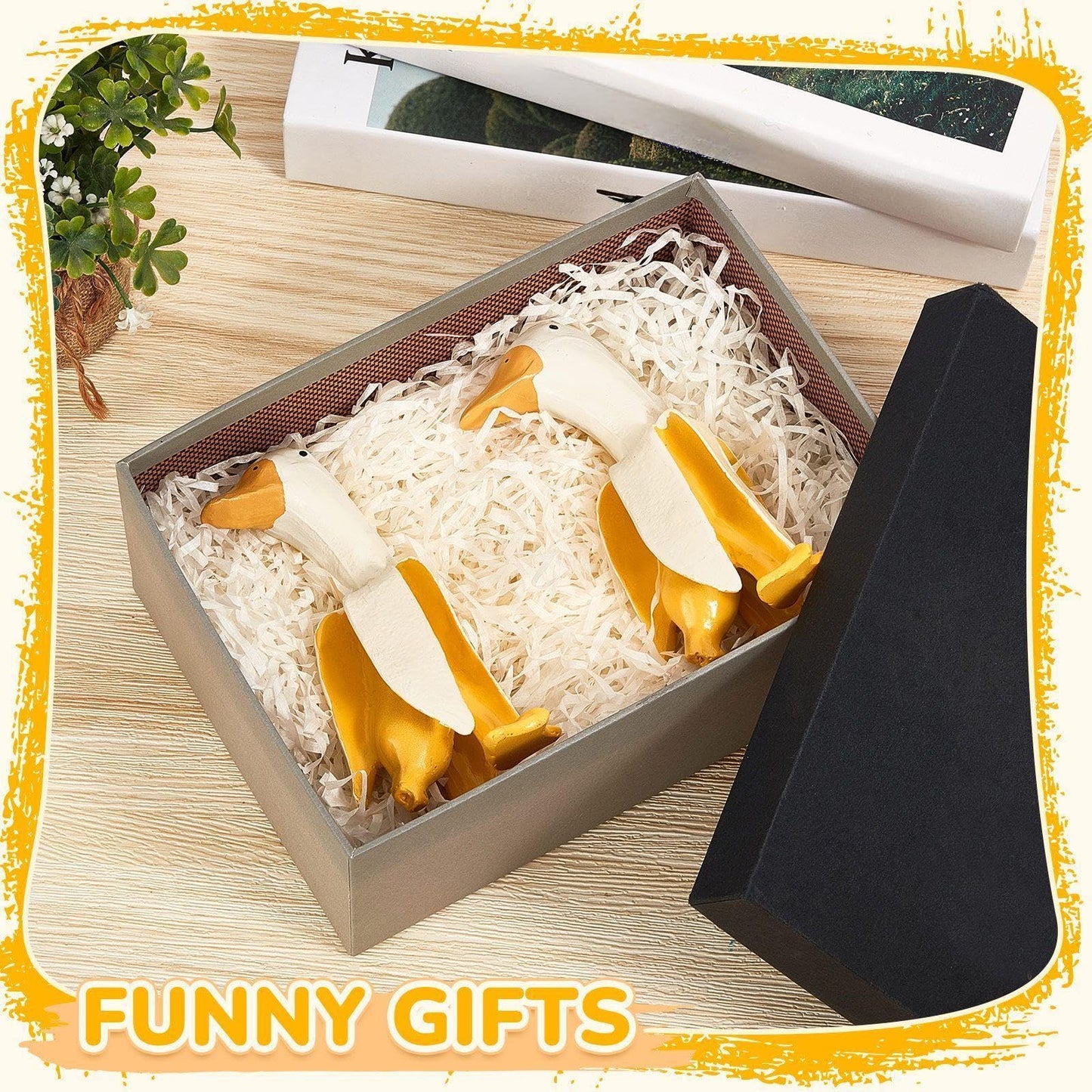 Meooeck 2 Pcs Banana Duck Statue 5.56" Small Garden Decor Resin Sculpture Ornament Creative Yellow White Figurine Funny Gift for Christmas Birthday Indoor Outdoor Yard Lawn Home Office Decorations