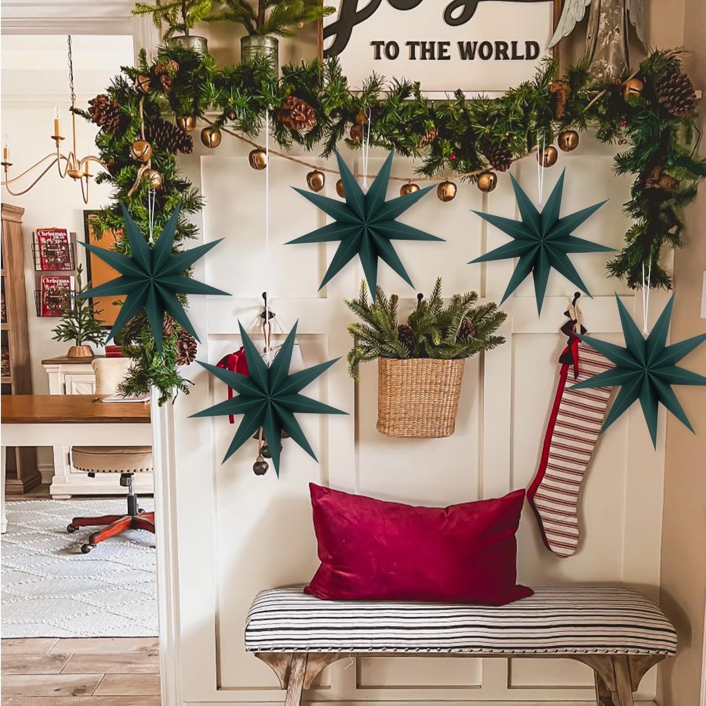 BestoFun 12 Inches 5 PCS Dark Green Paper Star Lanterns Christmas Party Decorations Hanging Stars Christmas Party Decorations Wedding Birthday Christmas Home Party Decorations(9 Pointed)