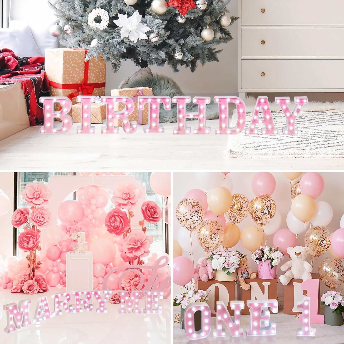 EUFONY Pink Glitter Marquee Light Up Letters, Battery Operated LED Letter Lights Signs for Pink Birthday Party Table Decorations, Wall Decor for Girls Bedroom, Initial Letter E with Cool White Lights