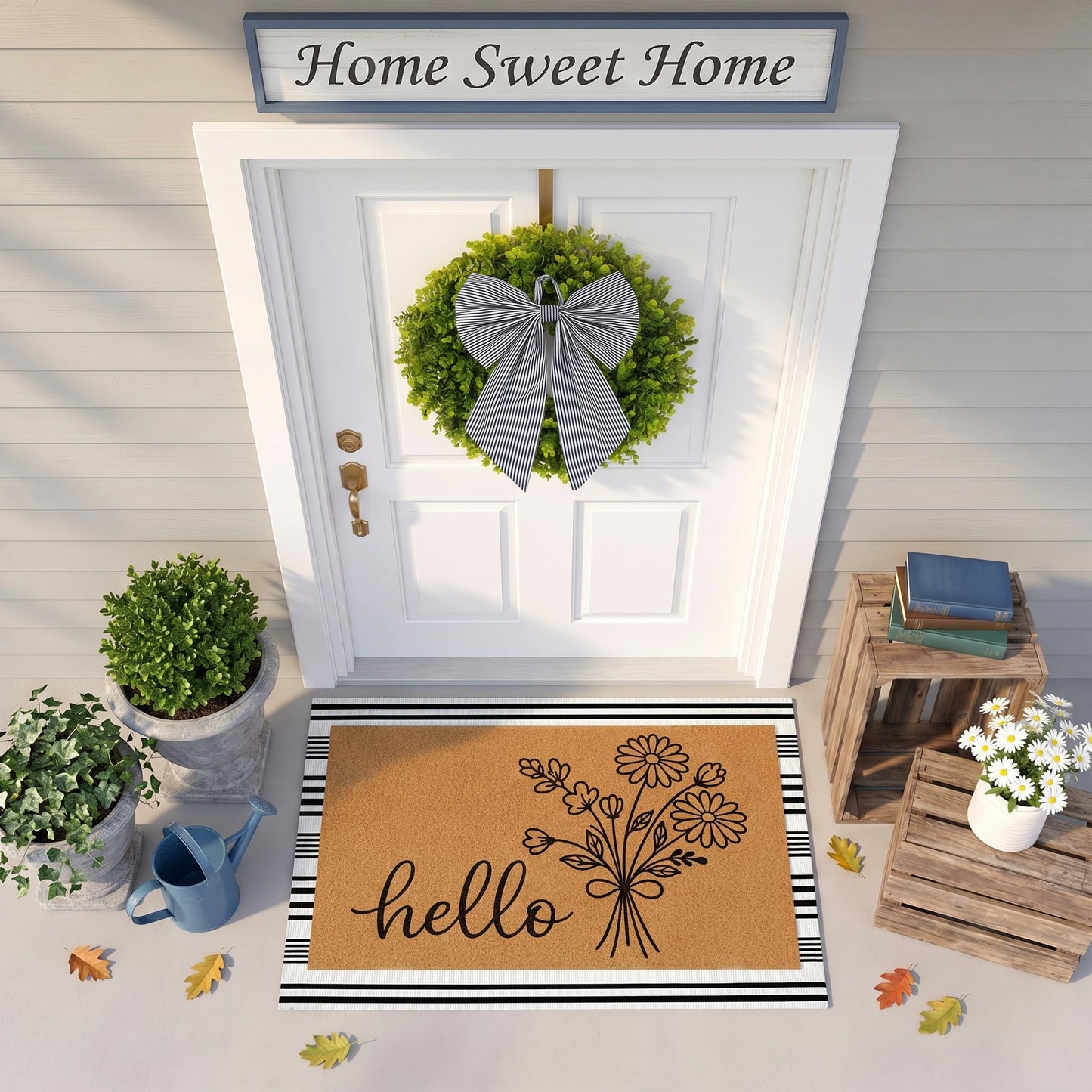 Britimes 3 Pcs Floral Hello Front Door Mat and Wreath Set Faux Coir Doormat Black and White Striped Layering Rug and 19" Greenery Wreath with Bow Outside Decor for Porch