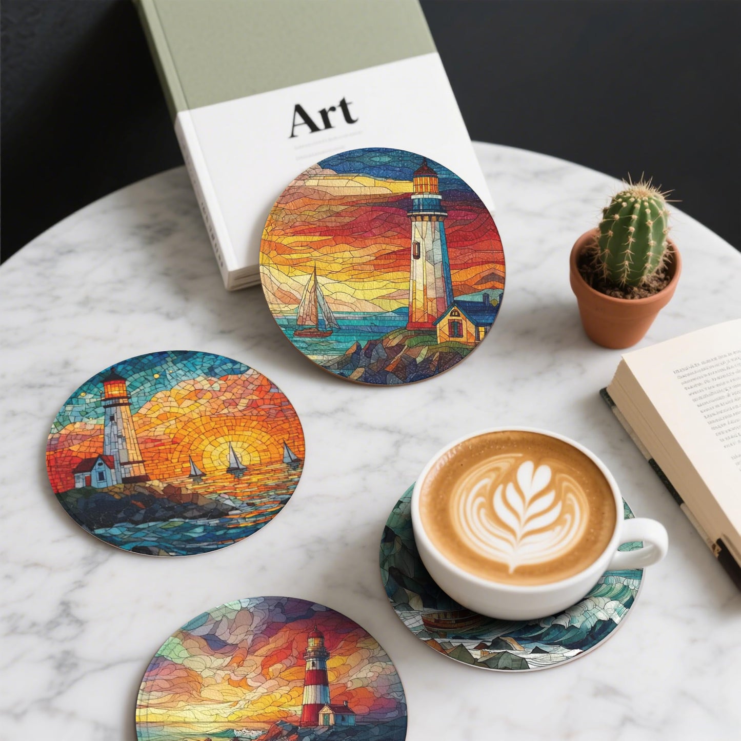 Lighthouse Coasters Leather Round Drink Coasters 6 Pcs Set with Holderor for Cup Drink Coffee Table Bar Home Decor