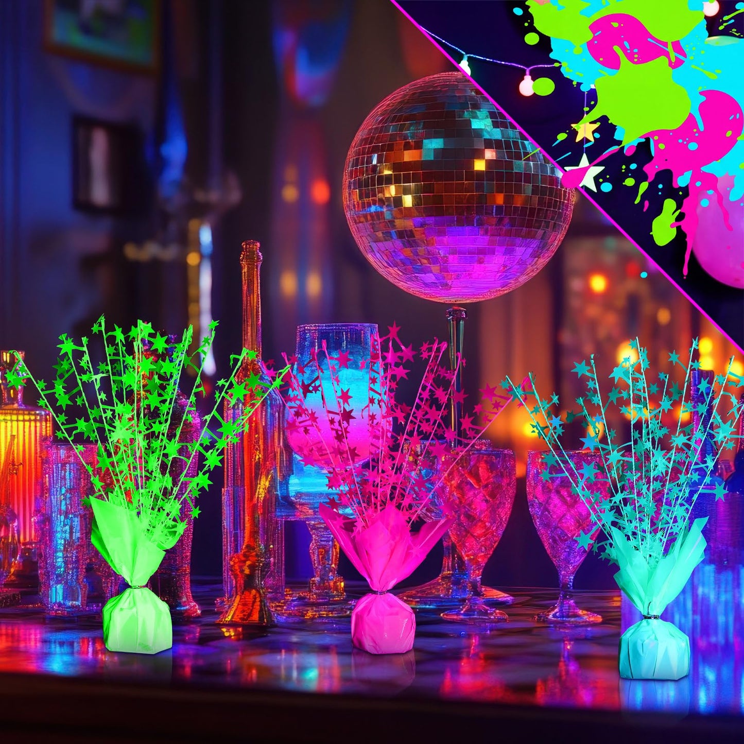 FineCheer 6 Pack Glow in The Dark Centerpieces Neon Birthday Party Decoration Metallic Foil Spray Star Tabletop Fluorescence Party Supply Under UV Light for Graduation Back to Classroom Birthday