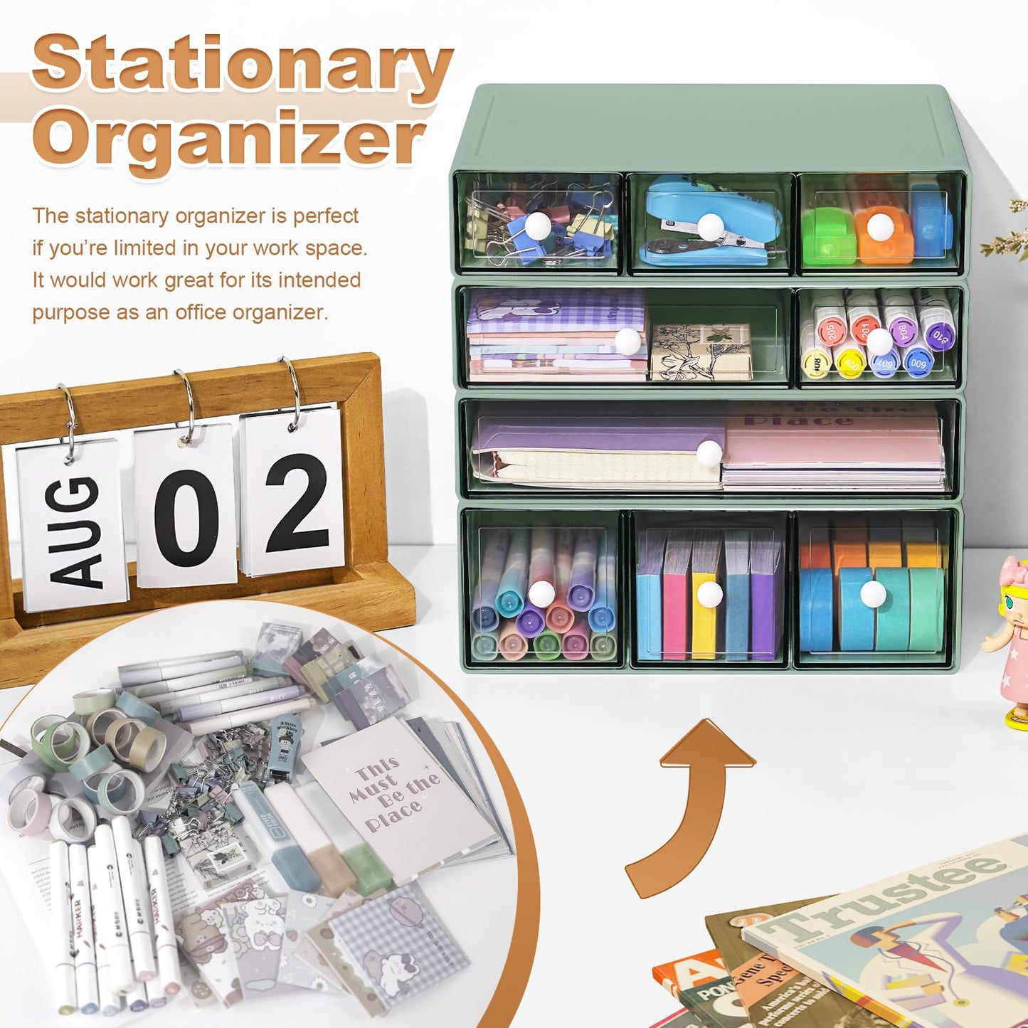 MYKASEN Desk Organizer with 9 Drawers, 4 Tier Plastic Stackable Storage Drawers for Desk Storage, Office Stationary Makeup Organizer Suit for Home, Office and School