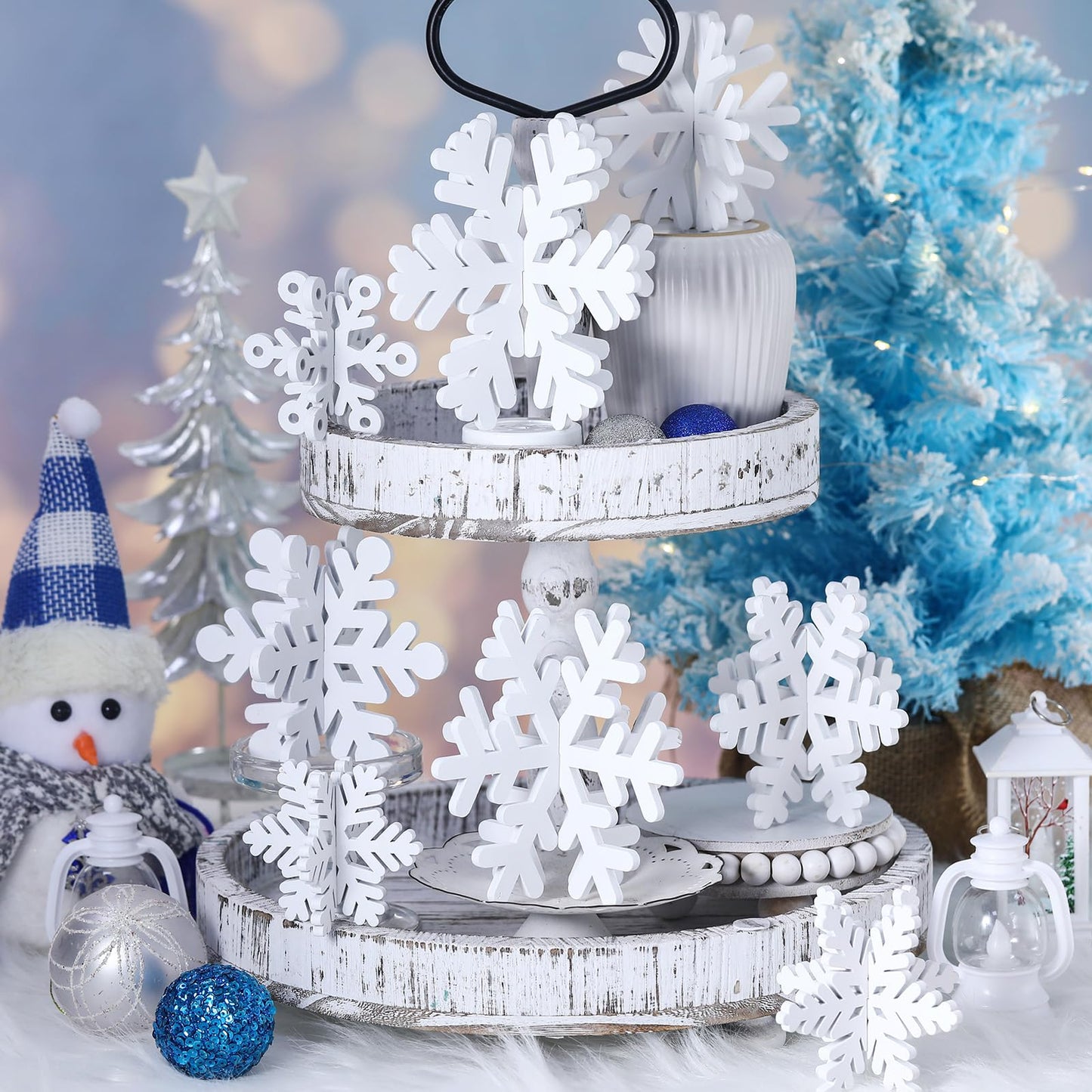 Wenqik 16 Pcs Winter Wooden Snowflake Decor Christmas Winter Snowflake Tabletop Decorations 3D Snow Table Signs Standing Centerpiece Xmas Tiered Tray Decorations for Party(White)