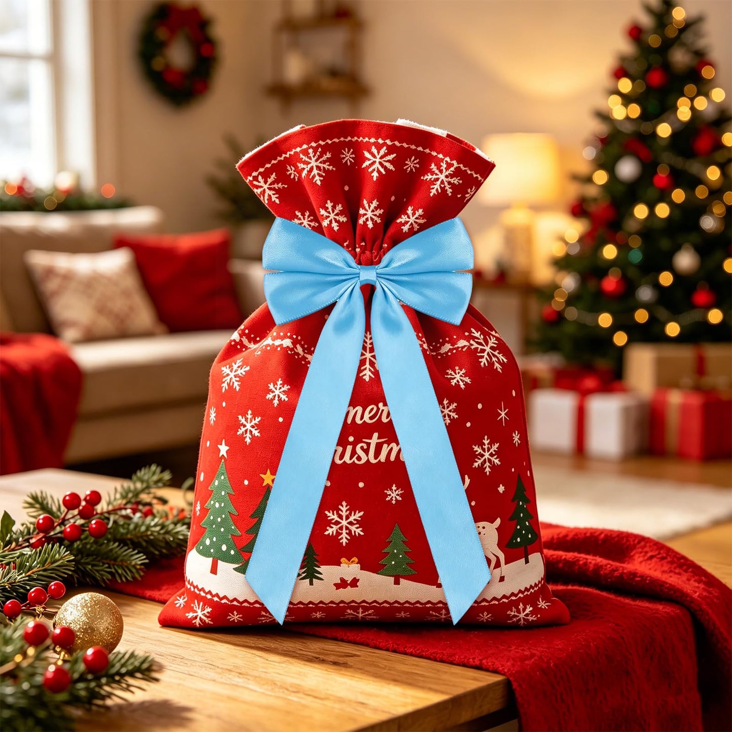 50Pcs Blue Satin Bows for Christmas Tree, 4 x 8 inch Xmas Ornaments with Pre-Made Twist Ties & Self-Adhesive, for Tree Cabinet Front Door Wreath Holiday Home Decor