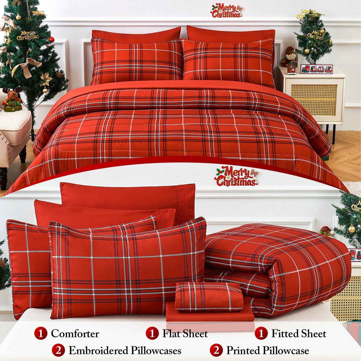YIYEA Christmas Comforter Set, 7 Pieces Bed in a Bag, Christmas Bedding Sets with Comforter, Flat Sheet, Fitted Sheet, 2 Embroidered Pillowcases, and 2 Printed Pillowcases, Queen