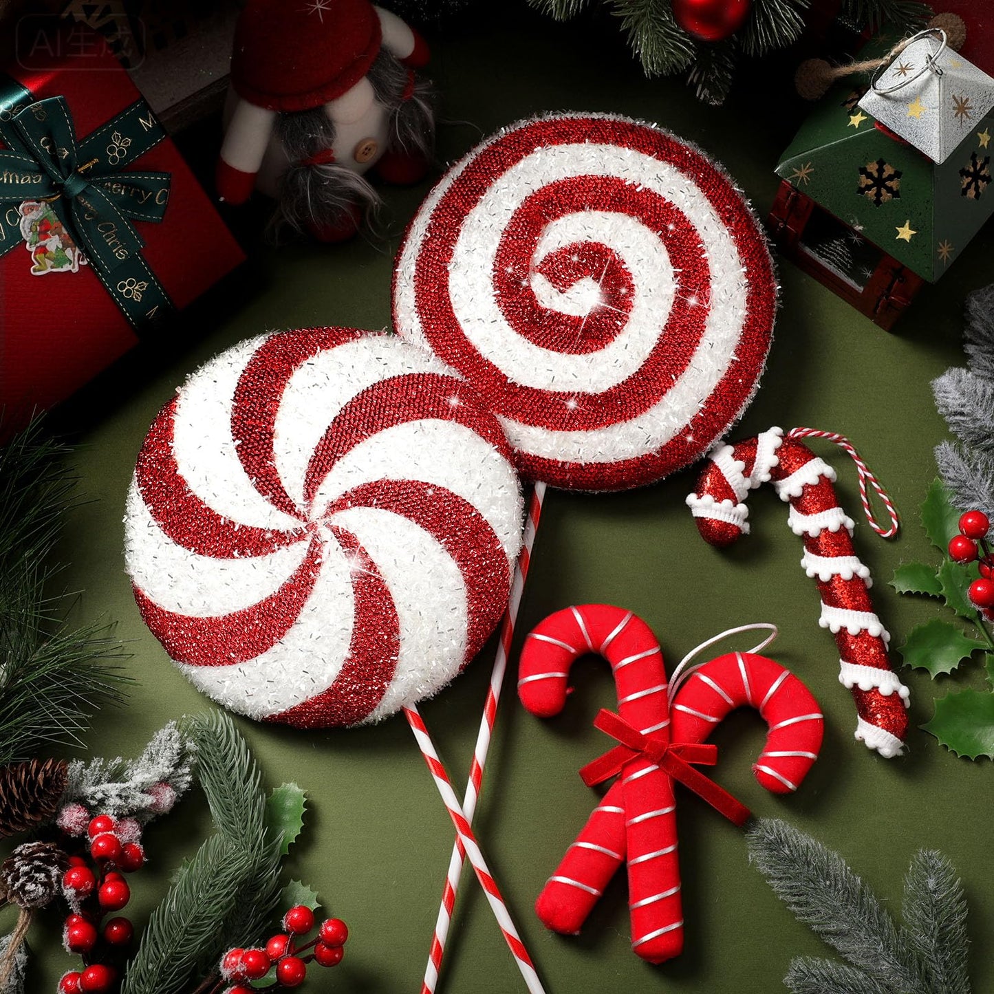 Vercraft 12 Pcs 15.75'' Large Candy Cane Christmas Decorations Giant Lollipop Candy Xmas Decorations with Sticks Red and White Peppermint Decor for Christmas Tree Ornaments Party, 12 Styles