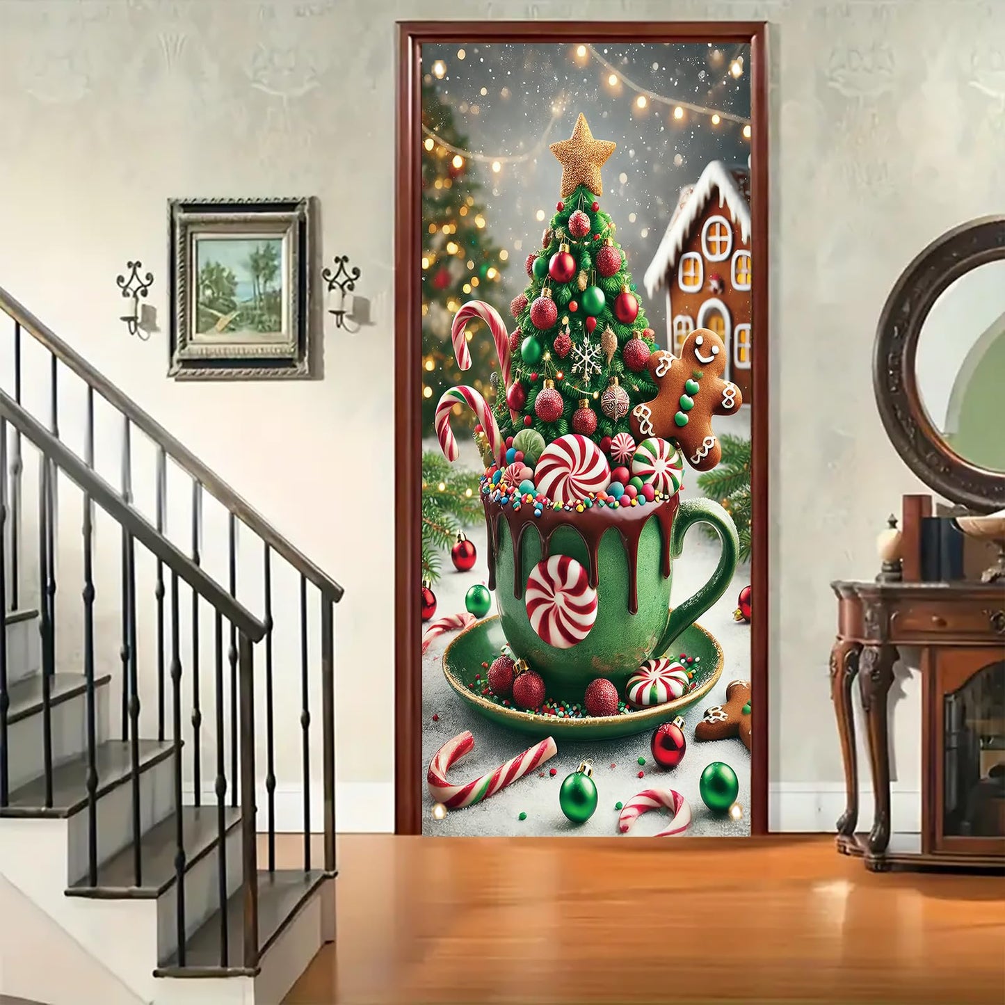 Saoplasa Christmas Door Cover Hot Cocoa Mug Banner 71 x 35 Inch Gingerbread Candy Cane Peppermint Tree Backdrop Holiday Cup Decoration for Christmas Party Wall Hanging Front Door Winter Decor