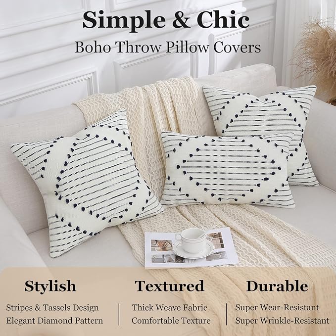 Mecatny Boho Outdoor Throw Pillow Covers 18X18 Set of 2, Farmhouse Decorative Pillow Covers for Couch Sofa Living Room, Navy & Cream White