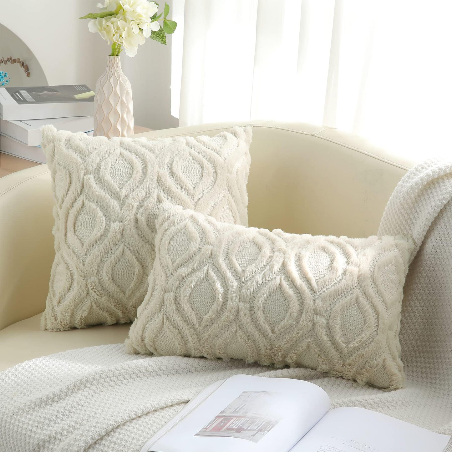 decorUhome Fall Throw Pillow Covers 18x18 Inch Set of 2, Soft Plush Faux Wool Beige Solid Couch Pillow Covers, Accent Farmhouse Neutral Square Pillow Cases for Sofa Bed Living Room