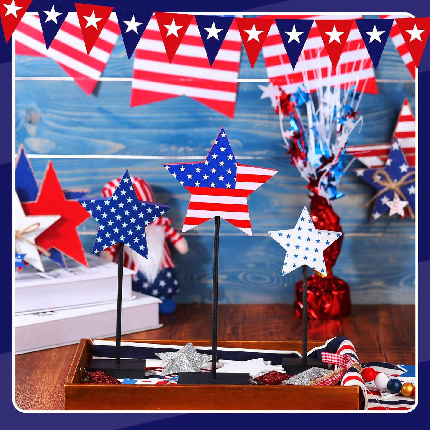 Geelin 6 Pcs Independence Day Standing Star Block Set Wooden Star Table Decoration Signs Memorial Day 4th of July Wood Patriotic Decor for American Festival Celebration Home Party Decor (Stripe Style)