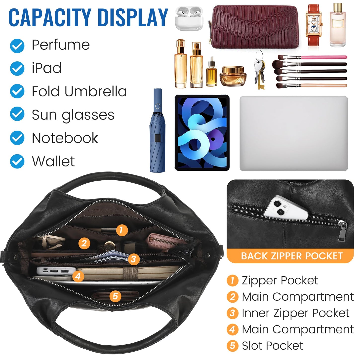 KOGTLA Vegan Leather Purses for Women with Detachable Satchel Strap, Ladies Handbags, Tote Hobo Bags with Top Handle Black