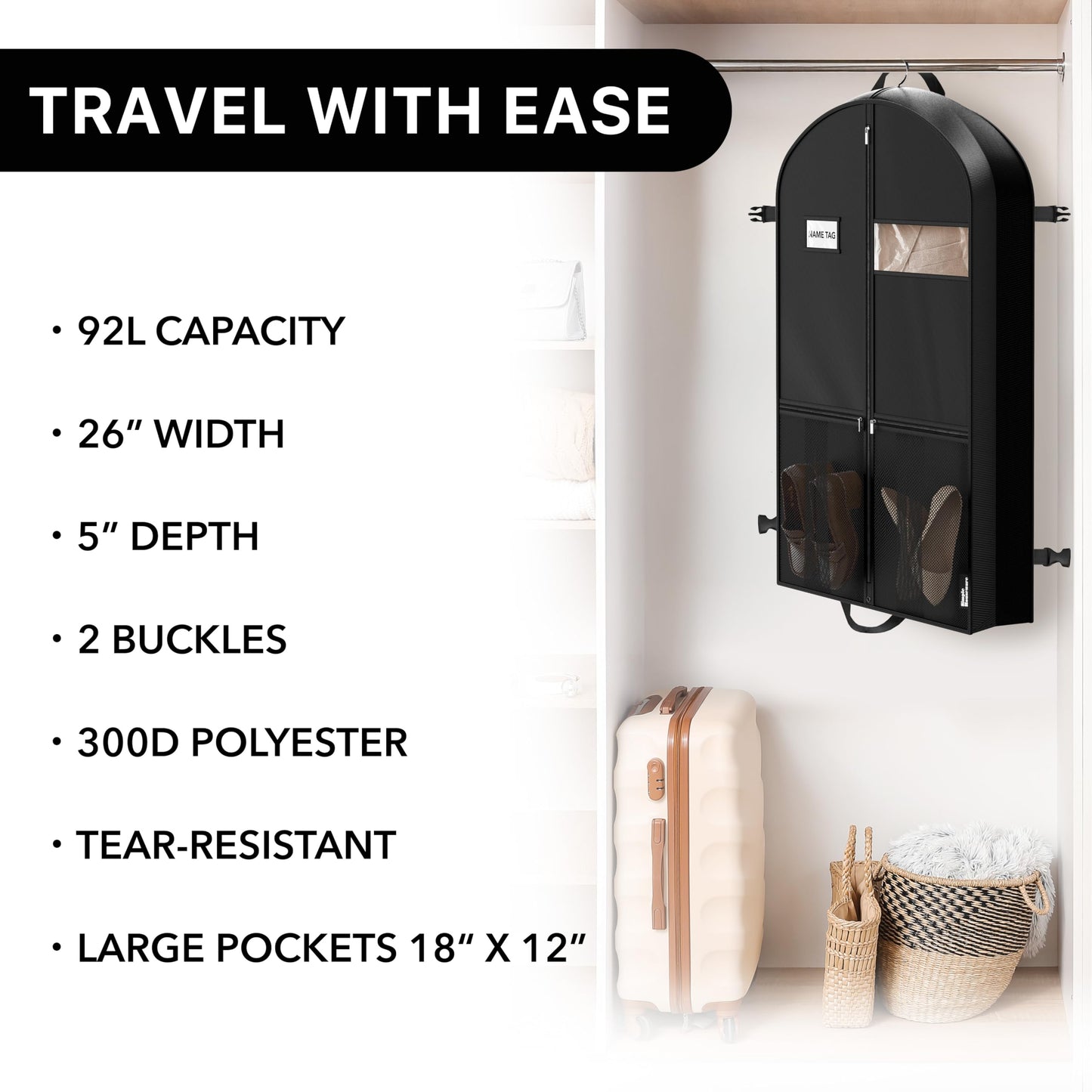 Simple Houseware 43'' Travel Garment Bag with Pockets for Suits, Dresses, Coats, Heavy Duty 300D Polyester