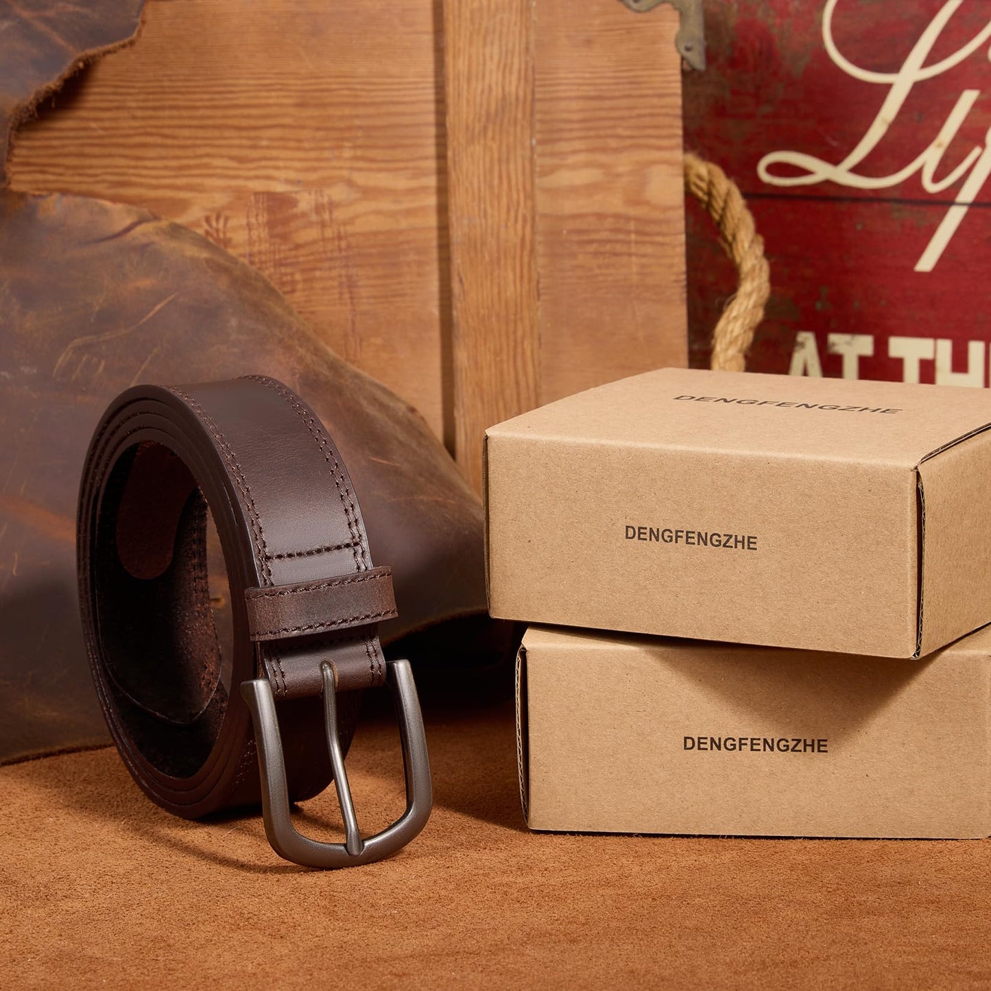 DENGFENGZHE Men's Full Grain Leather Belt for Everyday Casual Jeans, 1.5" Handmade Men Leather Belts with Gift Box (Bourbon Brown, 36)