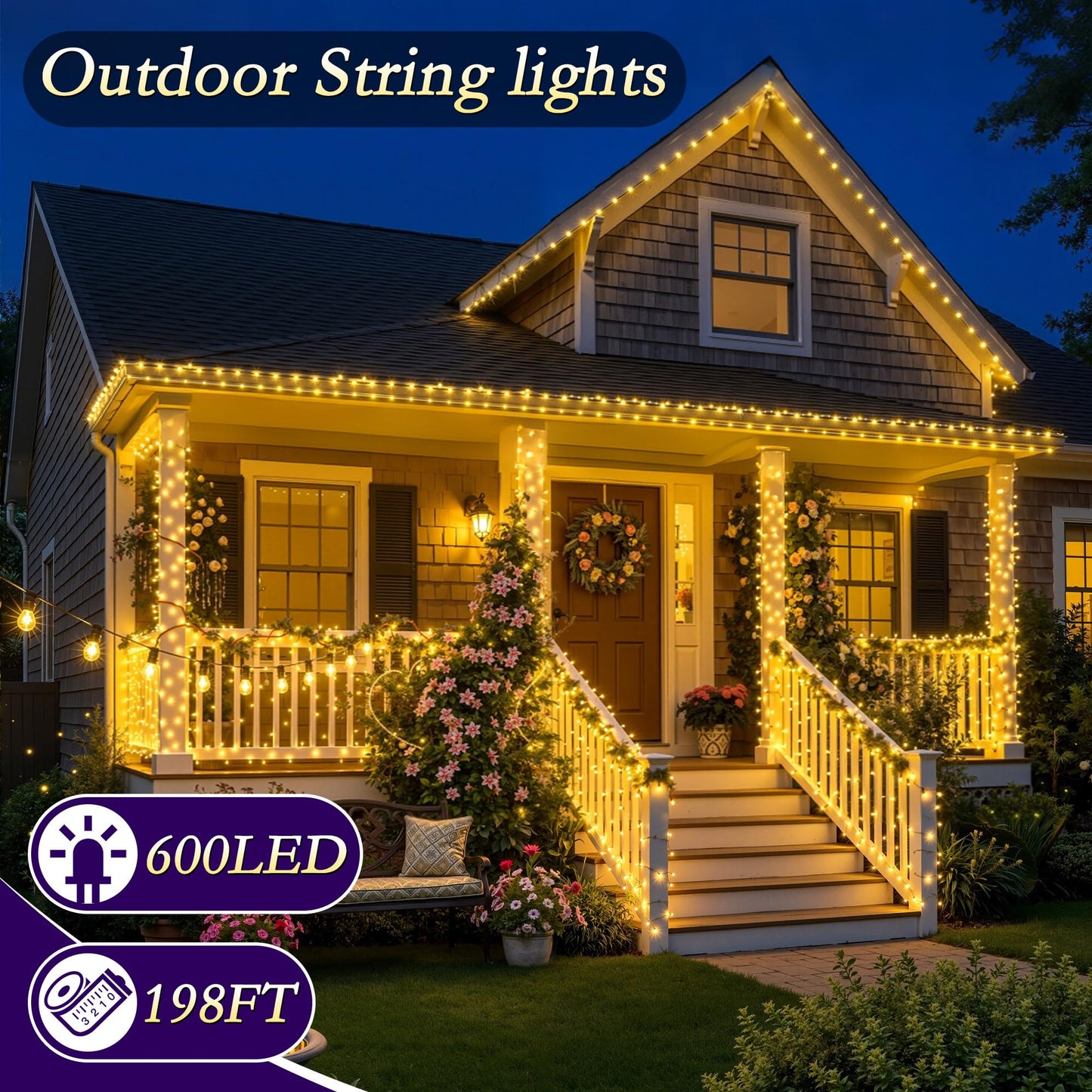 Soagrc 198FT 600 LED Outdoor String Lights Plug in IP67 Waterproof Twinkle Lights with Remote 11 Modes Dimmable Warm White and Multicolor Color Changing for Backyard Summer Wedding Party Christmas