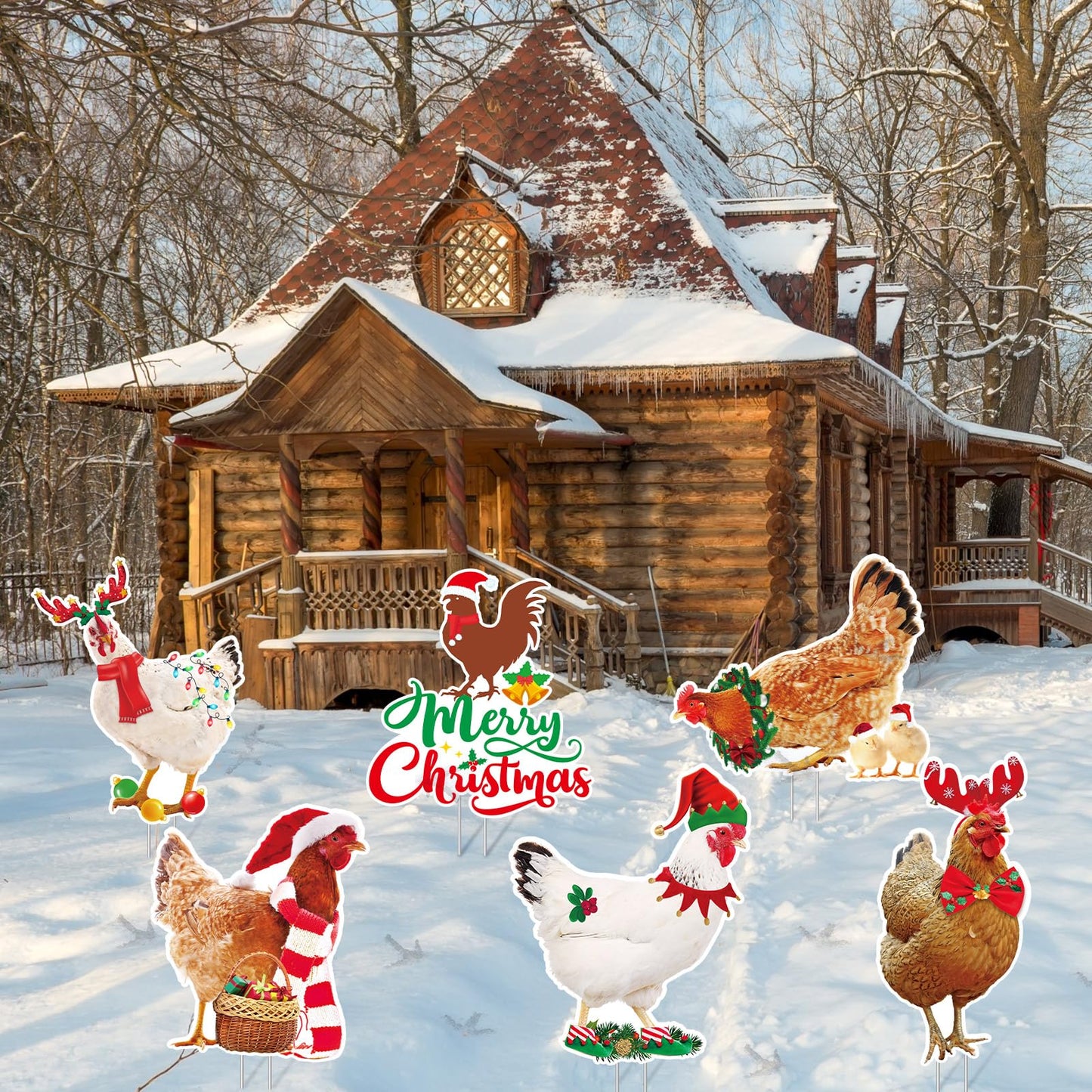 Suzile 8 Pcs Chicken Christmas Yard Signs with Stakes Merry Lawn Sign Pet Theme Christmas Yard Stakes Xmas Outdoor Lawn Decor Waterproof Decorations for Holiday Garden Patio
