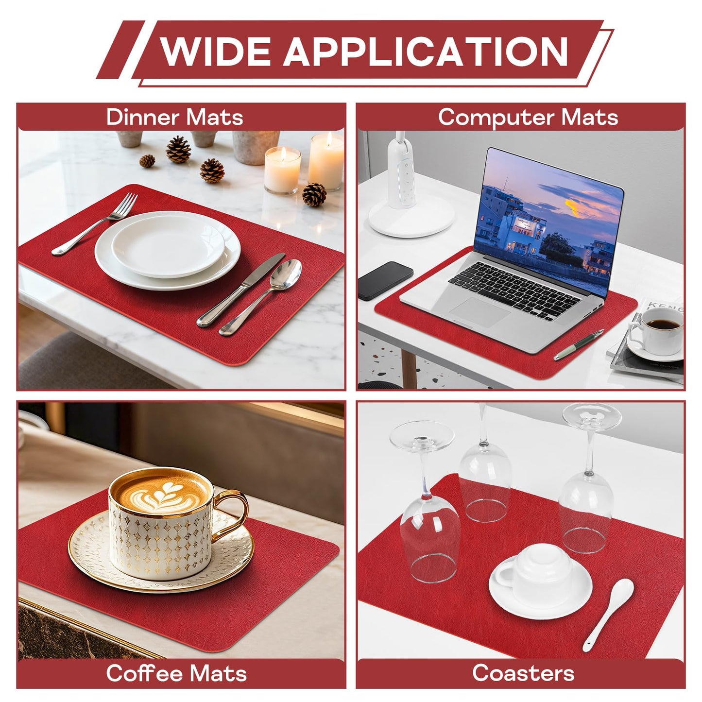APLKER Faux Leather Placemats Set of 6, Washable Place Mats, Vinyl Placemats Wipeable Waterproof Oil-Proof Heat Resistant PU Table Mats for Dining, Kitchen, Hotel(Red)