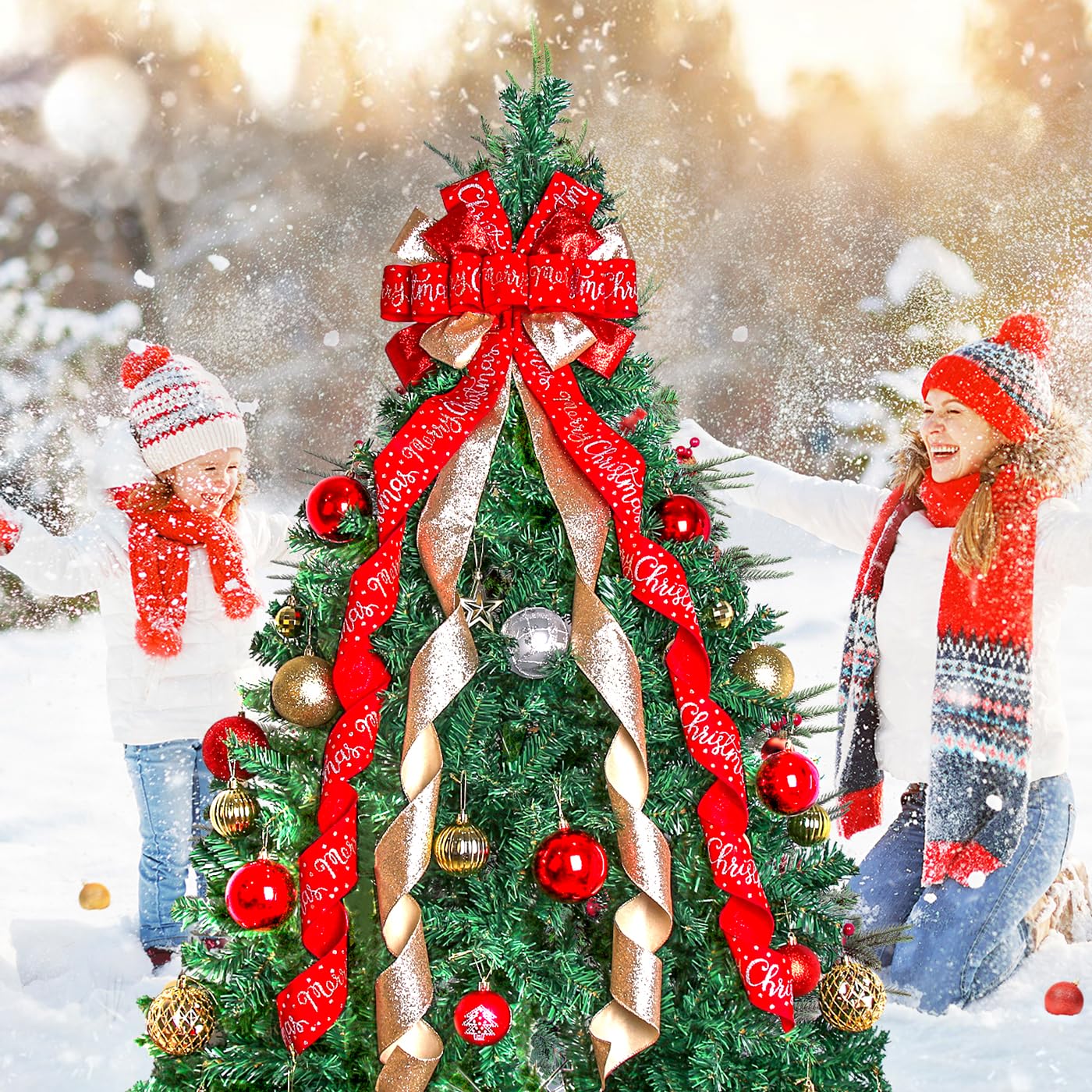 Christmas Tree Topper Bow Christmas Wreath Bow 52x13 Inches Large Burlap with White Red Polyester Edge Gift Bow for Xmas Tree Décor Christmas Home Indoor Outdoor Decoration