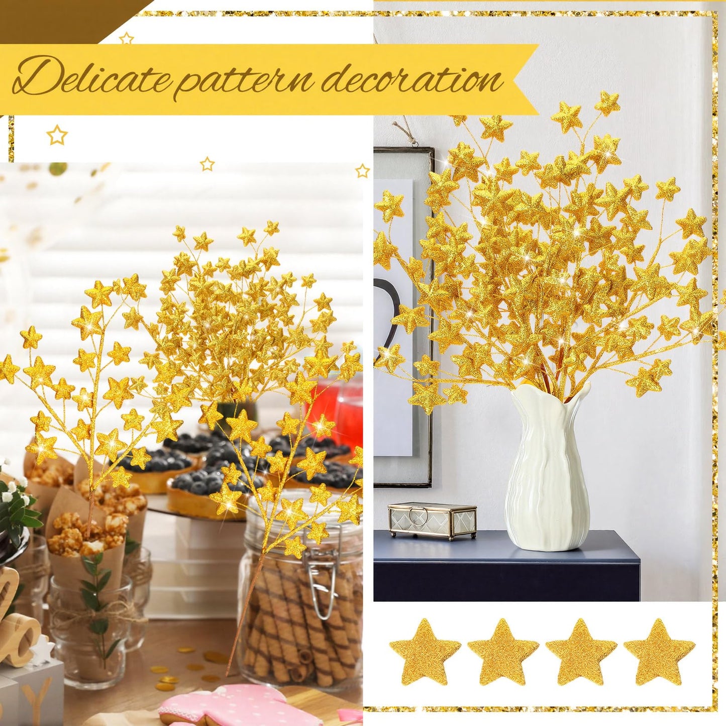 Rivvlive 6 Pcs Glitter Star Picks 17.7 Inch Sparkly Star Tree Stem Picks Twinkle Sticks Foam Vase Table Craft Decoration for Christmas Birthday Party Wedding Centerpieces (Gold)