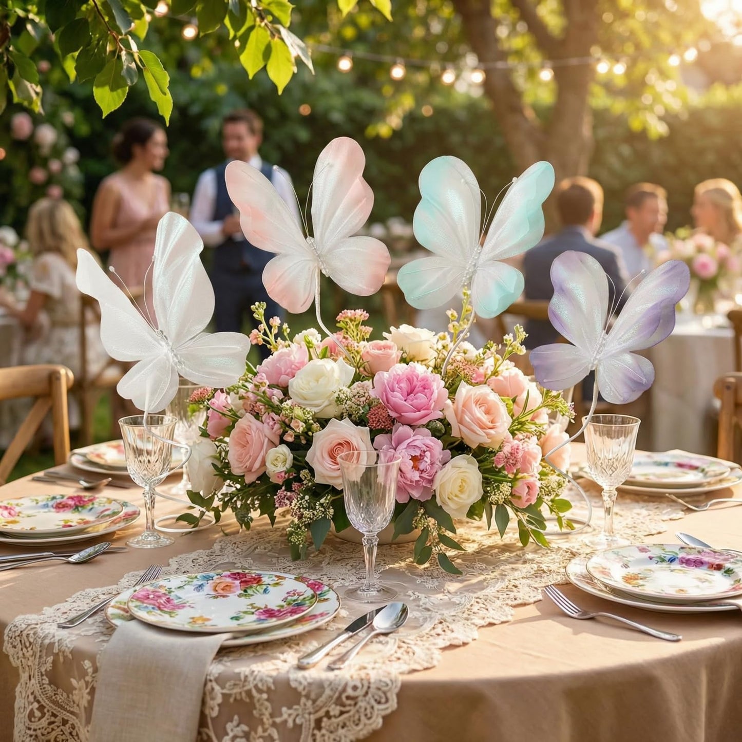 Roowest 4 Pcs Butterfly Centerpiece for Table Pastel Butterfly Decoration Large Gradient 3D Silk Flying Butterflies Pink Purple Green White Tabletop Decor for Birthday Wedding Baby Shower