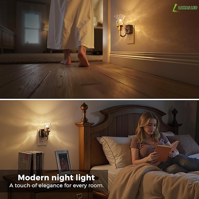 L LOHAS LED Night Lights Plug into Wall, 2 Pack 3000K Soft White LED Floral Night Light with Auto Sensor, 0-100lm Adjustable Brightness Plug in Nightlight, for Hallway Bedroom Stairway Gift