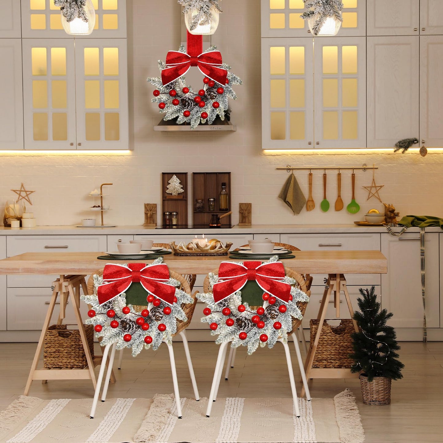 Dingion 6 Pcs 6 Inch Christmas Mini Cabinet Wreaths for Kitchen with Ribbon Bows Red Berry Small Winter Window Wreath Garland for Door Window Farmhouse Christmas Party Decorations