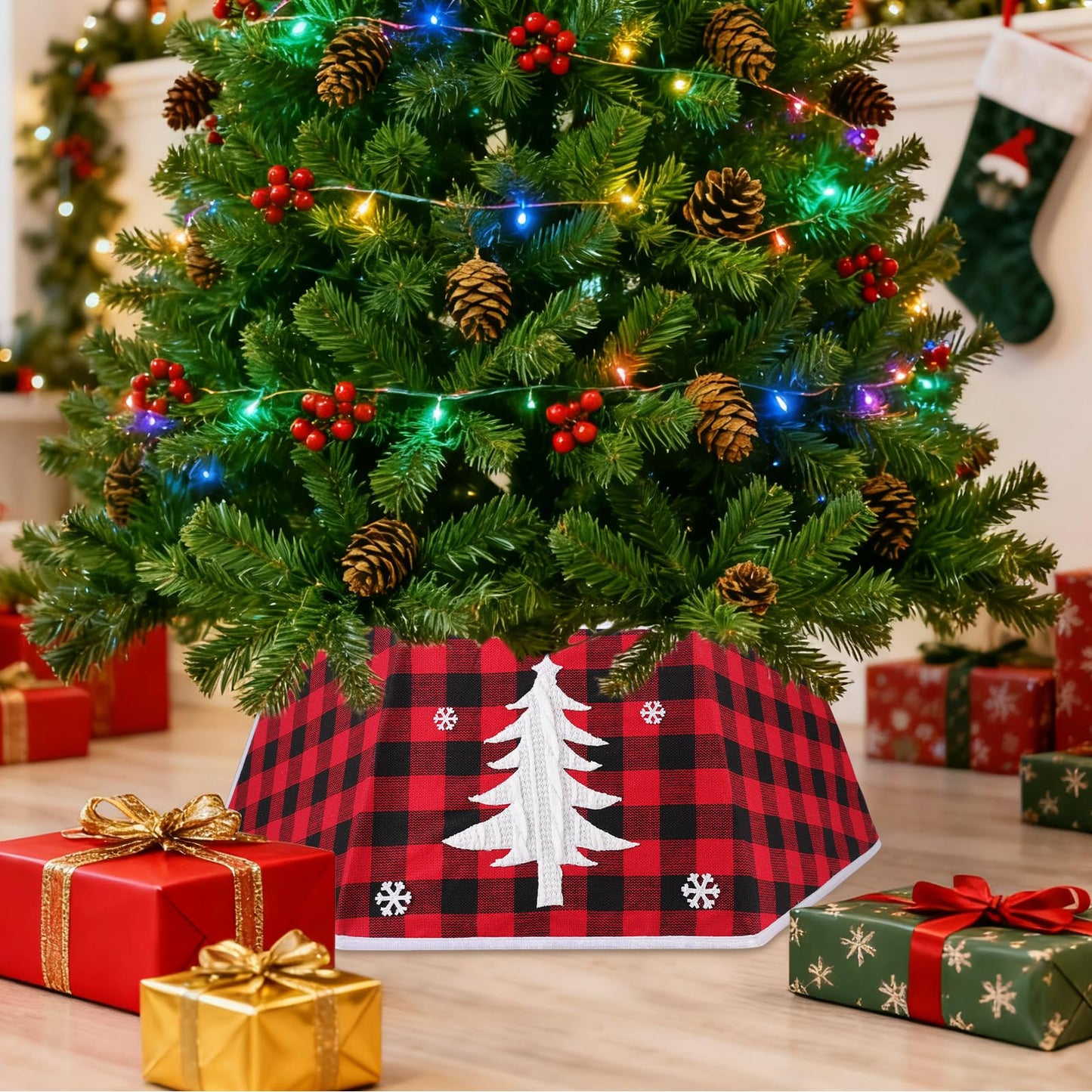 EverMerry Christmas Tree Collar, 26’’ Christmas Tree Skirt Decorations Stand, Foldable Willow Skirt Ring for Artificial Trees Decor Base Cover & Holiday Decor & Party (Red & Black Plaid)