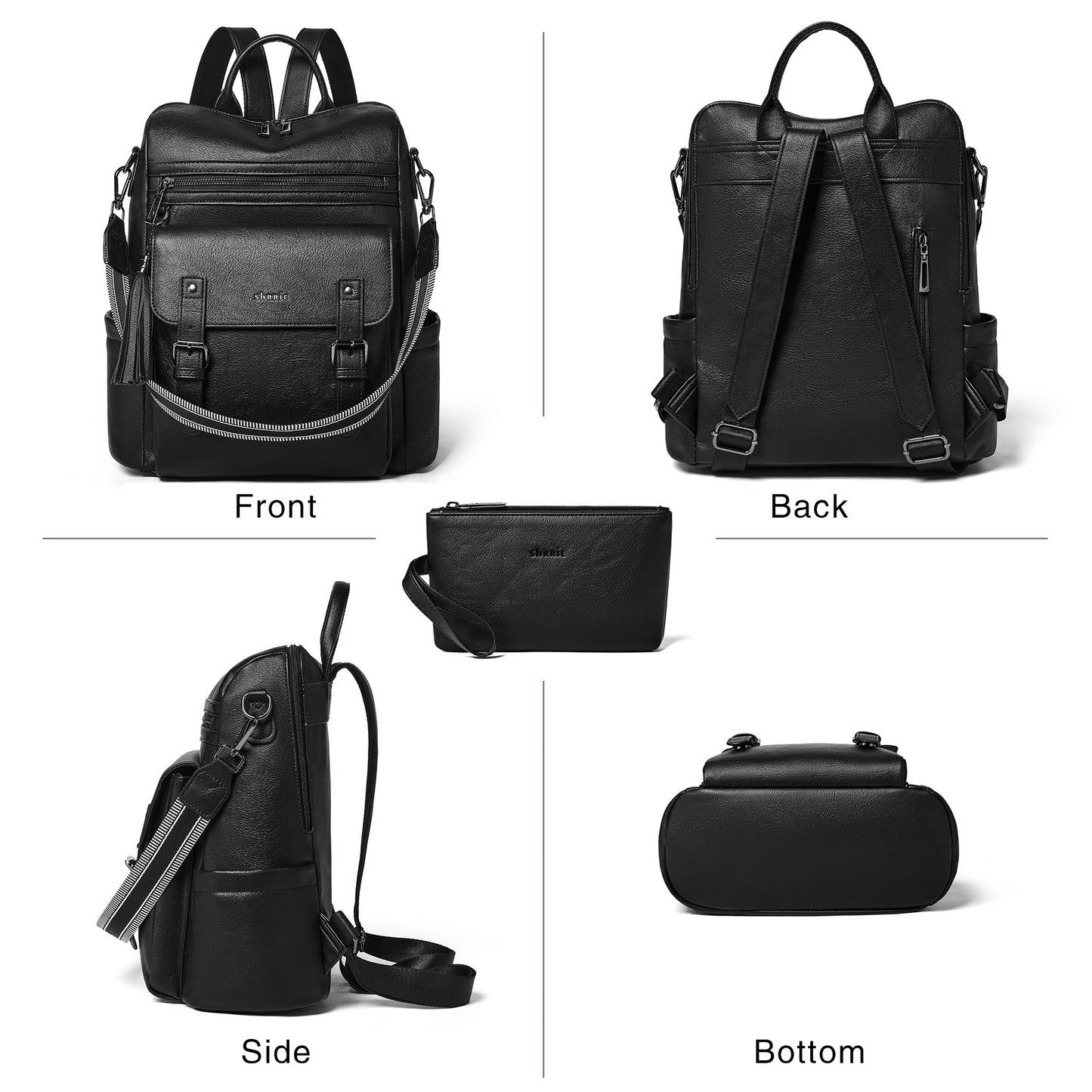 Shrrie Womens Vegan Leather Backpack Purse for Work College Black Fashion Small Backpack Design Water-Resistant Purse