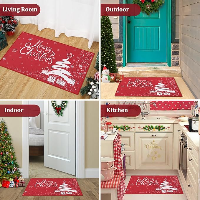 CAROMIO Christmas Doormat Xmas Holiday Decorative Christmas Tree Snowflake and Gift Pattern Welcome Mat for Home Decoration Non Slip Door Mat, Red, 17x29 Inch