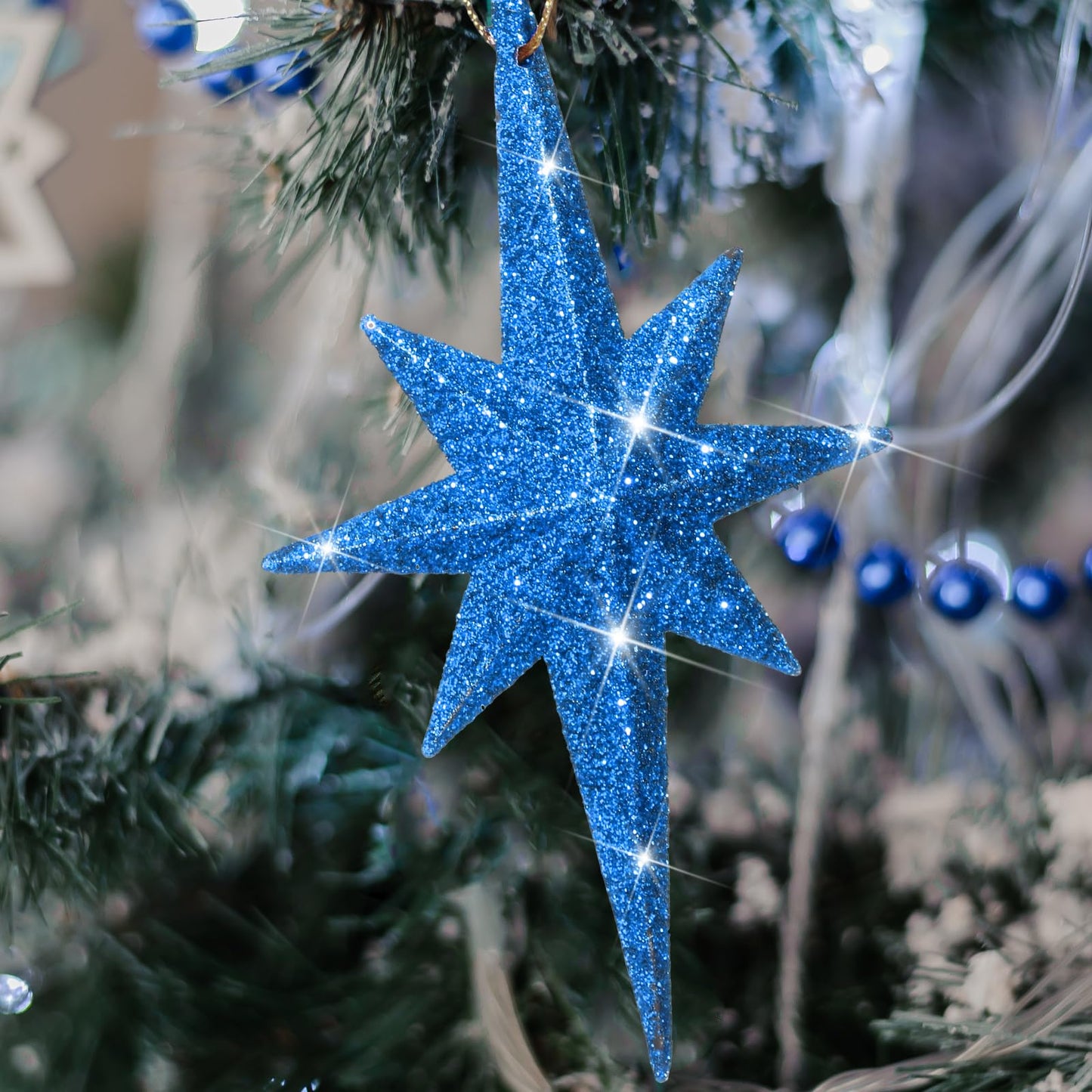 Quzzil 12 Pcs Christmas Bethlehem Star Blue Ornament 4.72 x 2.95 Inch Star of Bethlehem Christmas Tree Topper Glitter Ornament Plastic Nativity Stars Hanging Decor Accessories