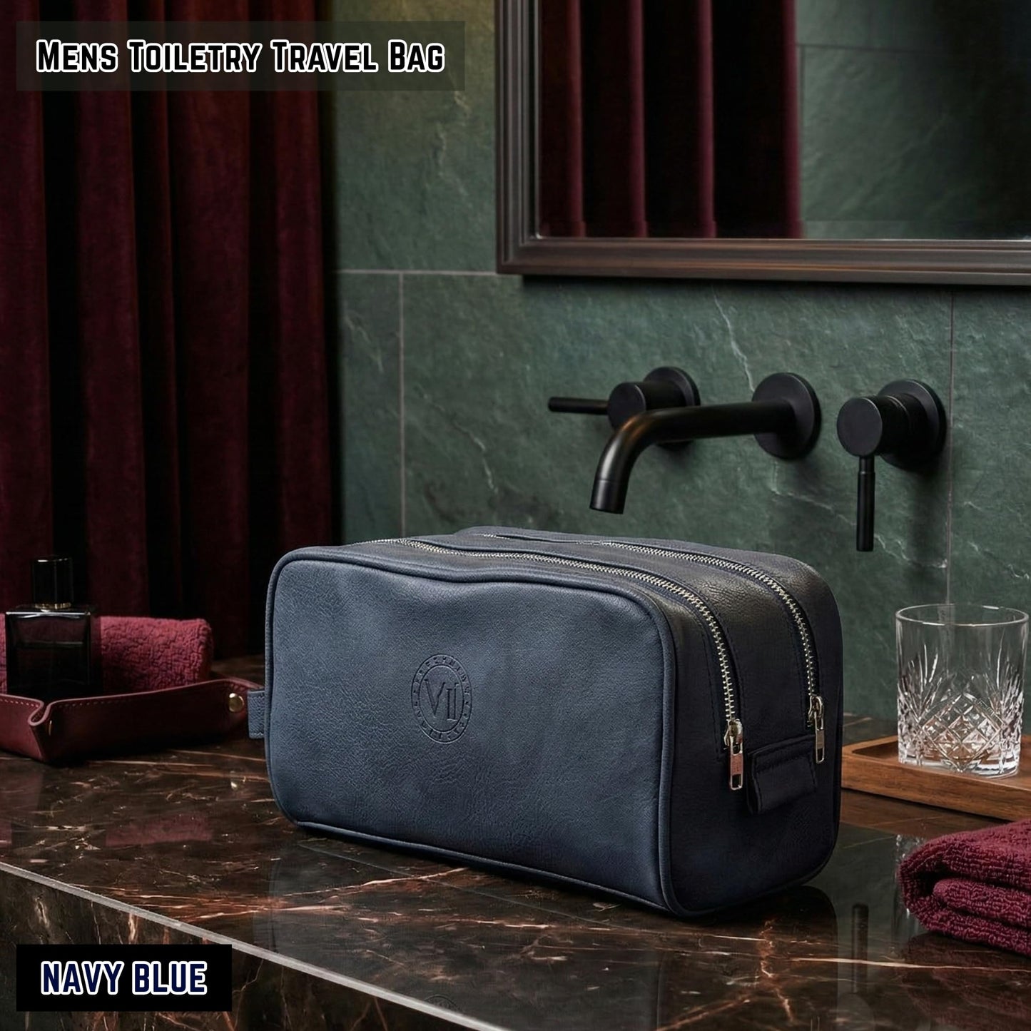 Toiletry Bag For Men, Premium PU Leather Dopp with Metal Zippers & Bottom Studs, Waterproof Grooming Kit for Men, Mens Birthday Gift, Includes Velvet Dust Bag & Shape-Retention Stuffing / NAVY BLUE