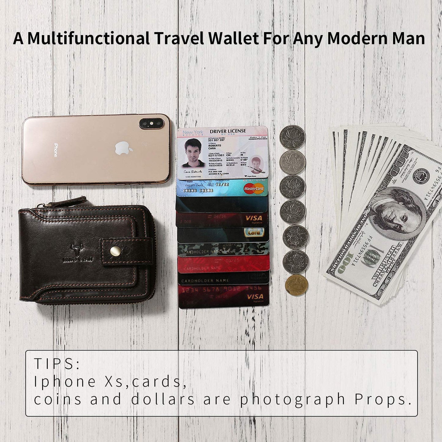 MING CLAN Leather RFID Blocking Bifold Wallet For Men With Zipper, Flap ID Window Zip Coin Pocket, Big Capacity Credit Card Holder For Travel