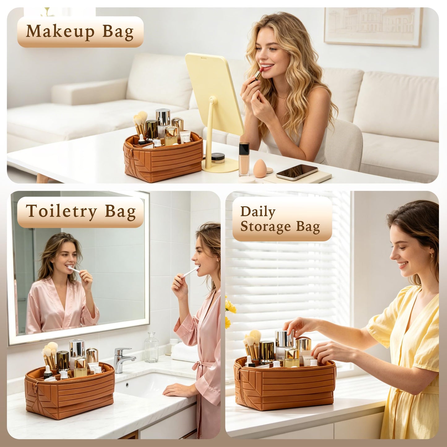 Minoisome Travel Makeup Bag,PU leather toiletry bag,make up organizer case for women,Large Capacity Cosmetic Bag,Wide-open Pouch Purse,Toiletries Accessories,Fold-Down Design and Adjustable Dividers.