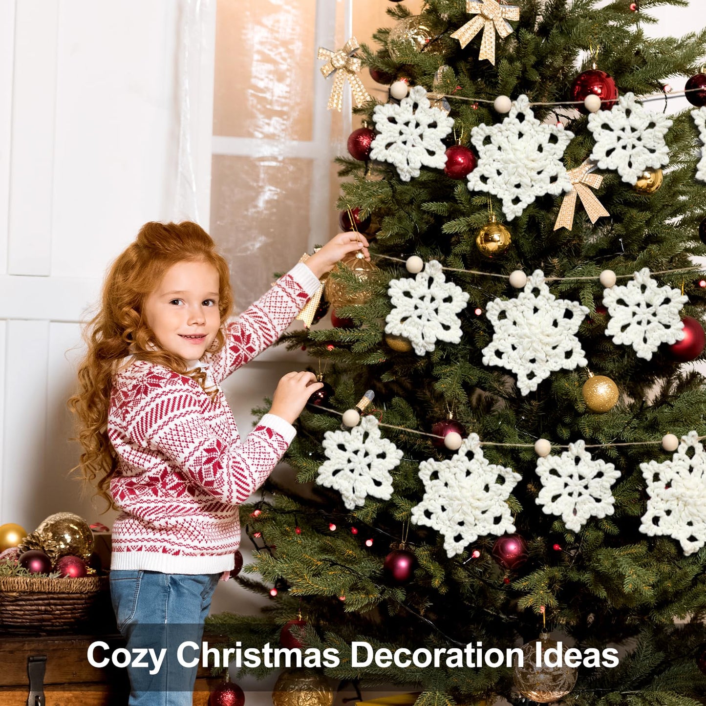 Tudomro Christmas Crochet Snowflake Garland 6.56ft Rustic Handmade Xmas Banner Snowflake Wooden Beads Farmhouse Hanging Decor for Mantel Fireplace Home Room Wall Window Door Gift