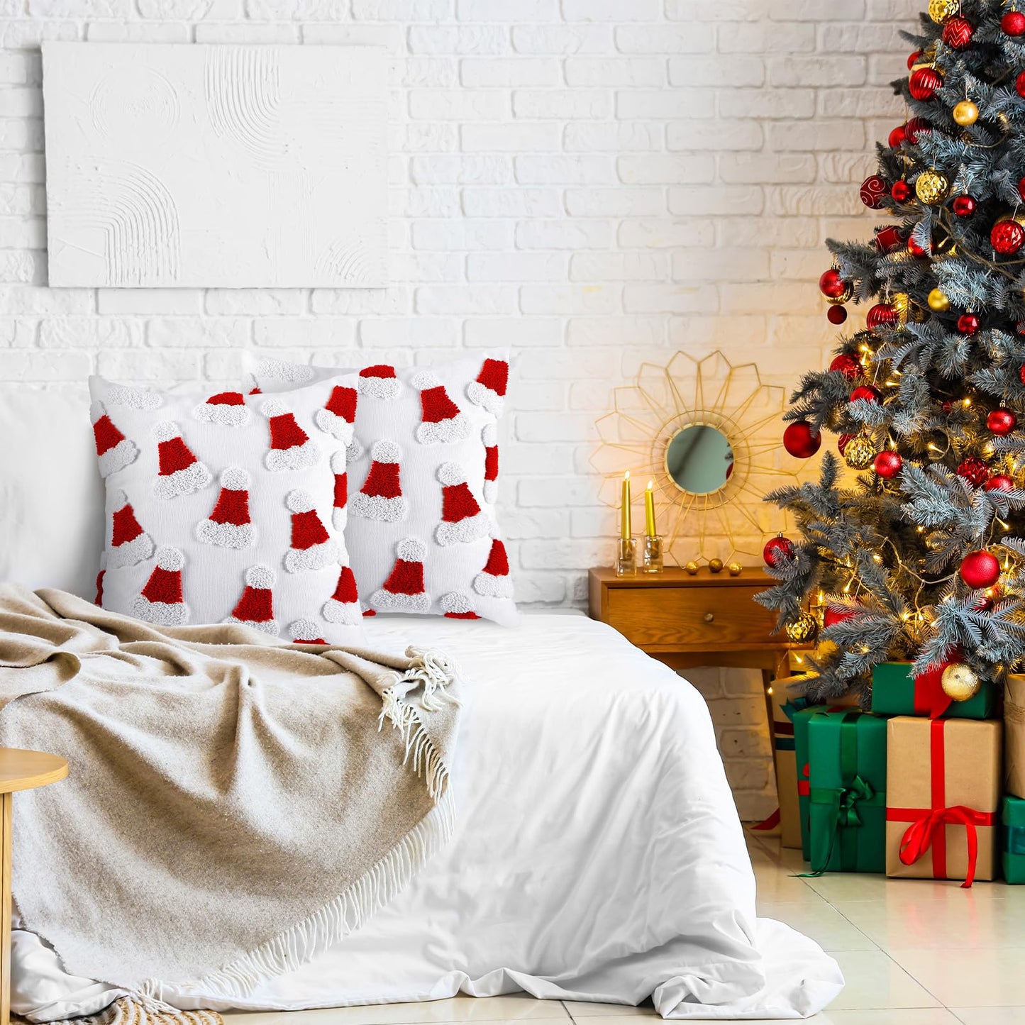 Mixweer 2 Pcs Tufted Christmas Throw Pillow Cover 18 x 18 Inch Santa Hat Pillow Covers 3D Xmas Pillows Case Decorative Soft Cushion Cover for Sofa Couch Bed Room