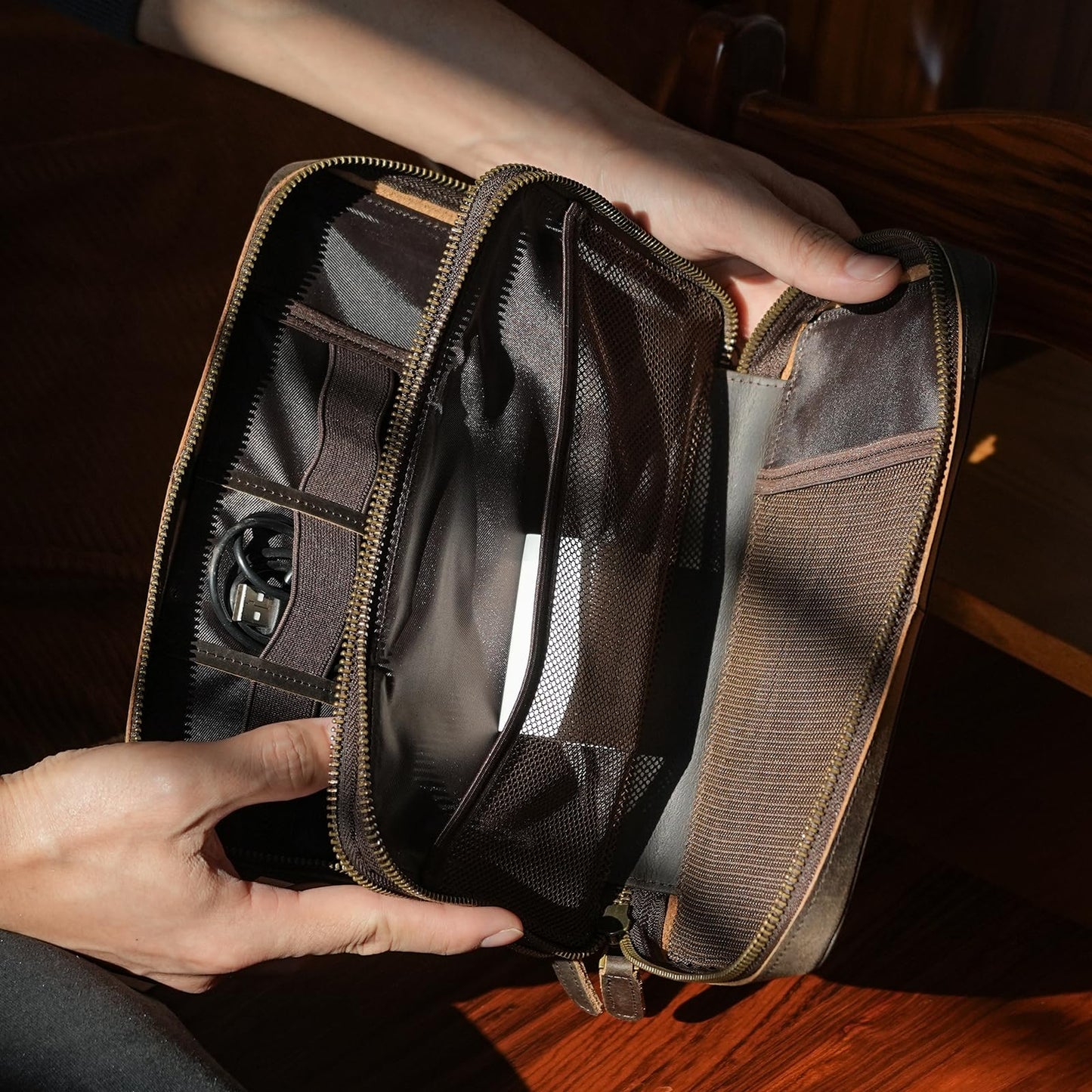 Polare Full Grain Leather Travel Cable Organizer Case Double Layer Electronics Accessories Carry Bag with YKK Zippers Tech Storage Bag for Cables, Power Bank, USB, SD Card