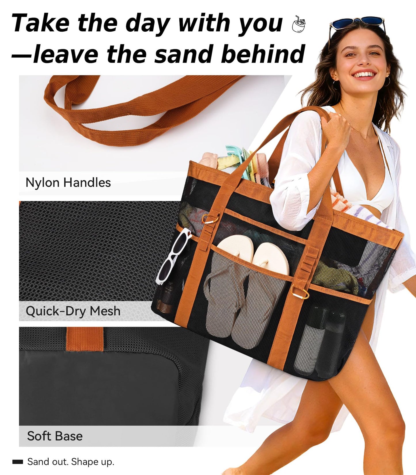 Yeendibo Chic & Spacious XX-Large Beach Bag for Women — 2026 Mesh × Canvas Tote with Top Zipper, 11 Pockets, Detachable Pouch, Foldable, 2 Carabiners