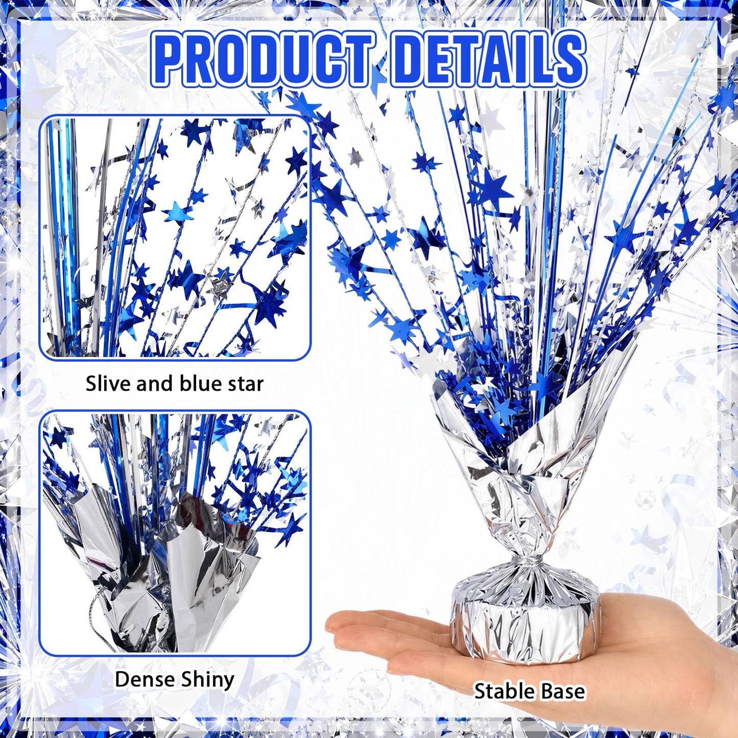 SiliFine 18 Pack Metallic Foil Spray Centerpiece Blue Silver Star Table Decoration Burst Glitter Table Topper Decor for Birthday Wedding Graduation Back to School Shower Party Supplies Decor