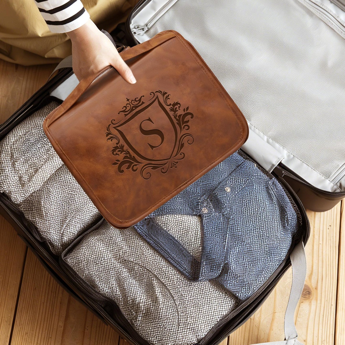Aganmi Personalized 3-in-1 Hanging Toiletry Bag Fathers Day Birthday Gifts for Men Dad Husband, Custom Initial Large Waterproof PU Leather Dopp Kit Shaving Bag Travel Essential for Him Light Brown J